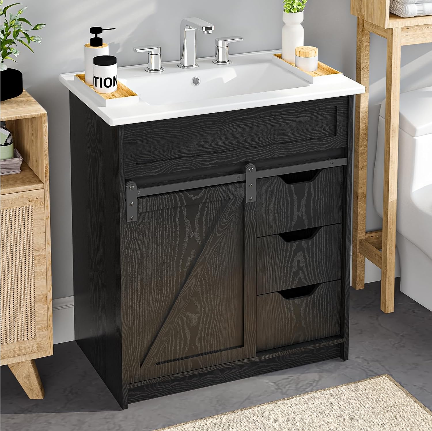 30" Bathroom Vanity with Sink Combo, Farmhouse Bathroom Cabinet Set with Sliding Barn Door & 3 Drawers, Freestanding Bath Vanities, Black