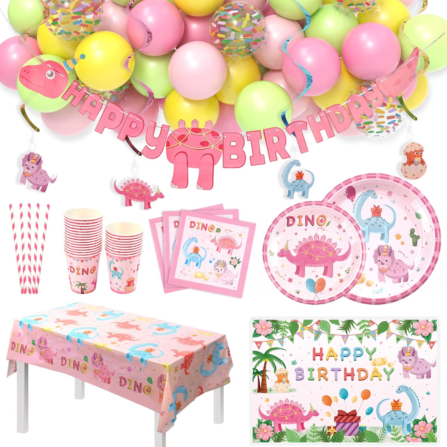 Sharlity Girl Dinosaur Birthday Party Supplies Serves 16, 140 Pcs Pink