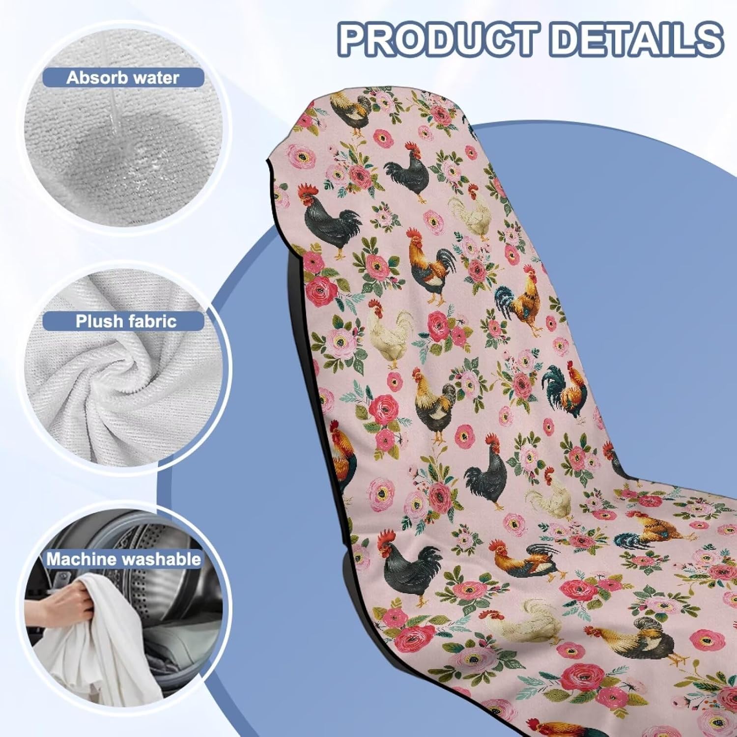 Renewold Bucket Seat Cover After Workout Outdoor Sport Car Seat Towel Covers with Storage Bag Pink Floral Chickens Rooster Towel Mat for Dog Pet Cat Automotive Interior Picnic Beach Blanket