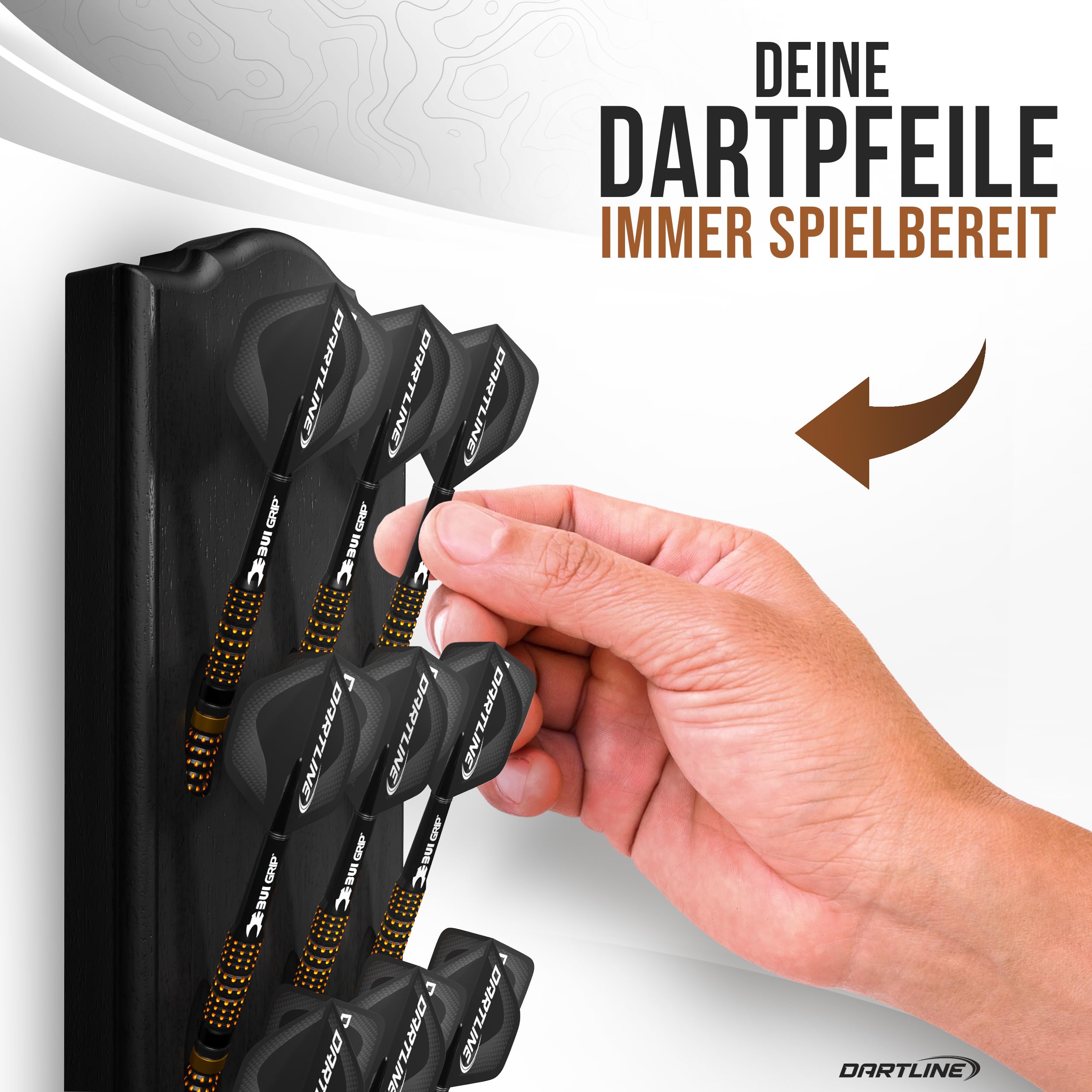 Dartpfeile Halterung aus Holz | Darthalter für 12 Pfeile zur Wandmontage | matt schwarzer Massivholz Dart Halter 40x9 cm | mit Stoffbeutel für Zubehör