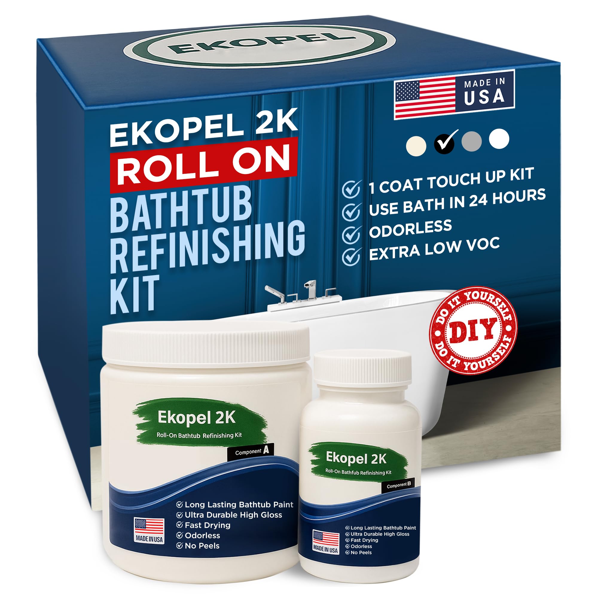 Ekopel Roll On Bathtub Refinishing Kit - Odorless Ultra Durable Black Gloss - Never Peel Technology - Made in The USA - Black One Coat/Touch up