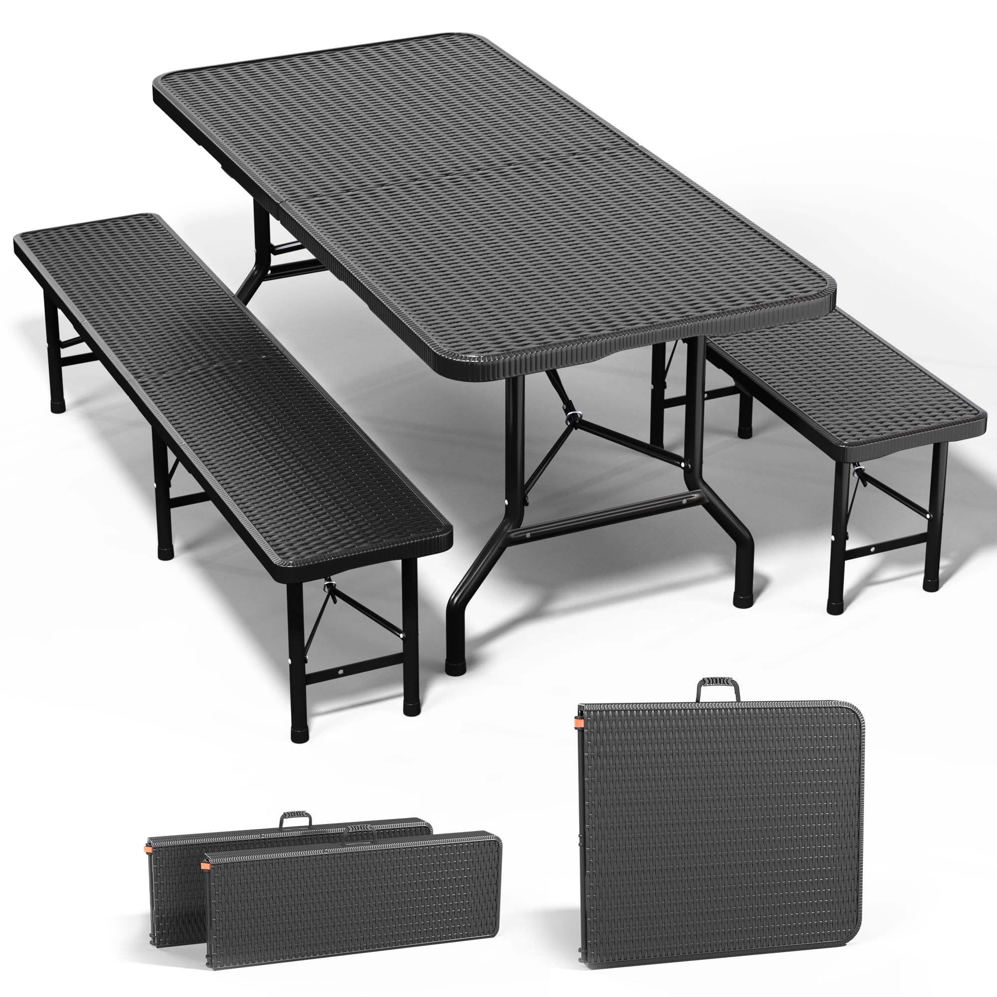 JUMMICO Set da Esterno 3 Pezzi Tavolo Giardino Pieghevole Effetto Rattan HDPE 300kg per Campeggio BBQ