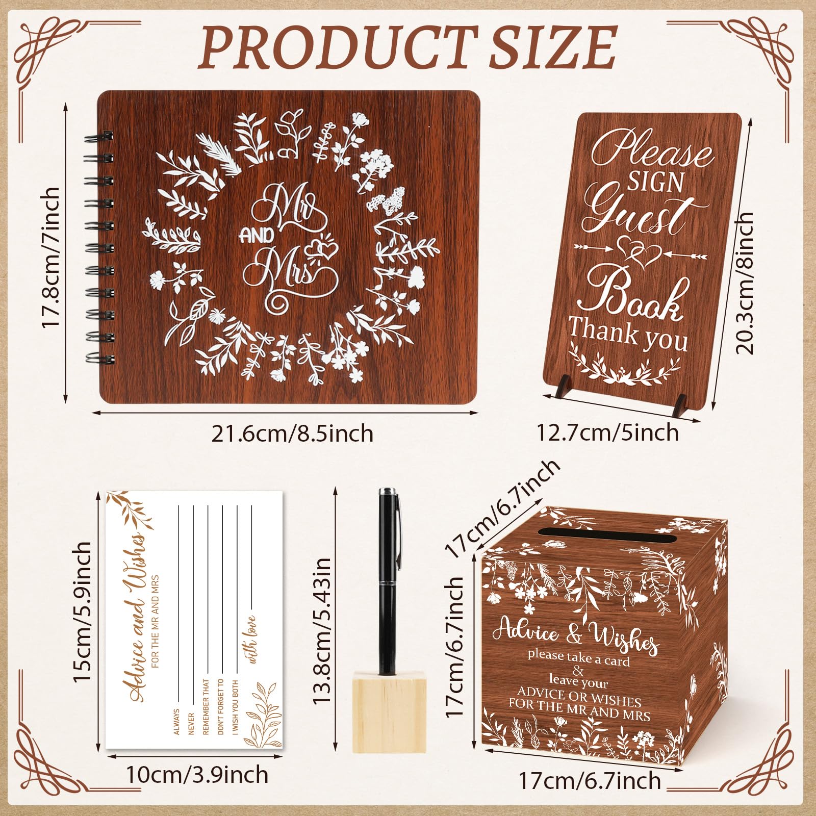 Hochzeitsgästebuch aus Holz für Hochzeitsempfang, Gästebuch mit Stift und Halter, Tischschild, Speicherkarten, Erinnerungsalbum, 64 Seiten für Jahrestag, Verlobung, Zubehör