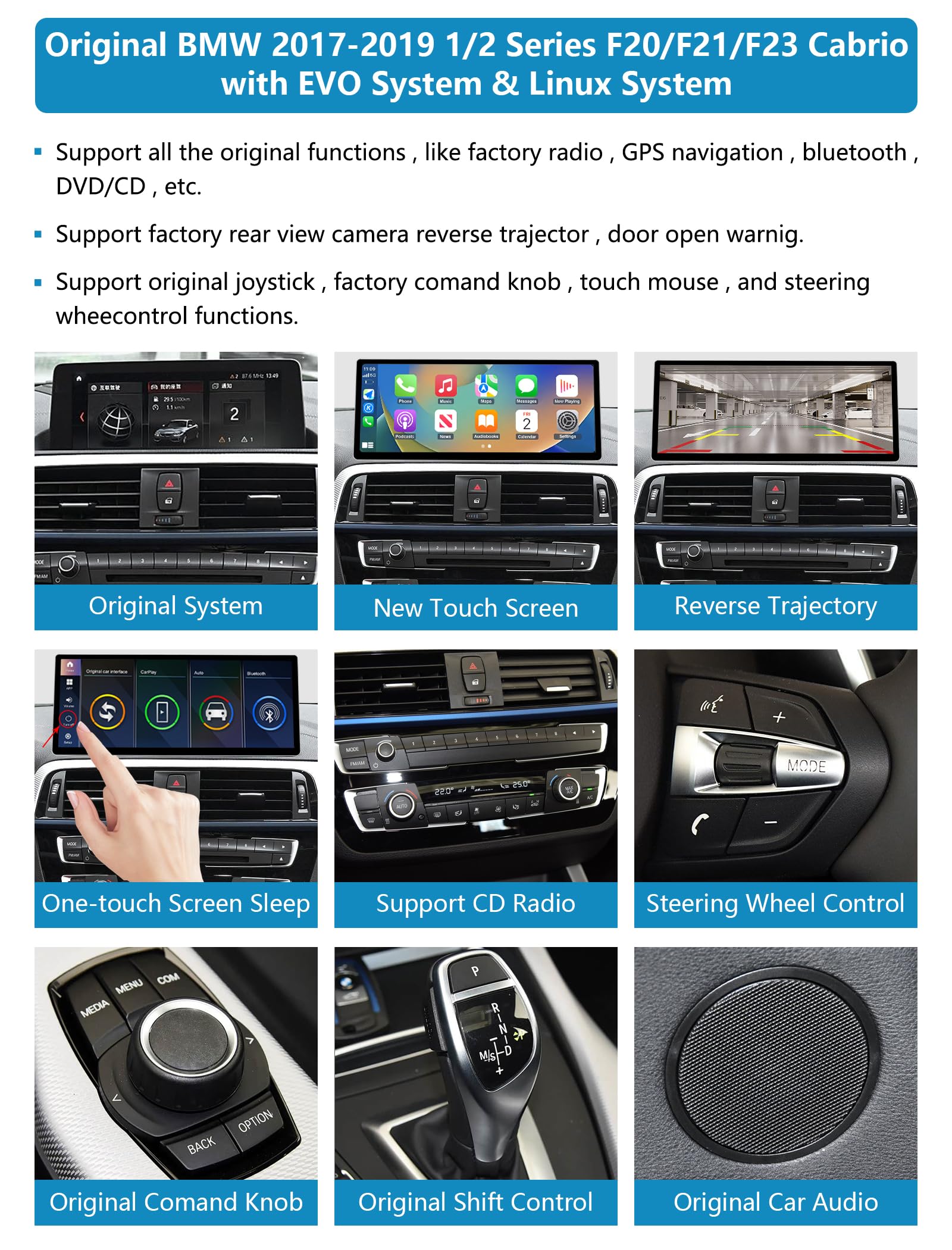 Radio samochodowe 12,3'', CarPlay/Android Auto/Mirrorlink dla BMW EVO 1/2 Series F20/F21 (2017-2019) F23 Convertible (2017-2019) Radio samochodowe z ekranem dotykowym, nawigacja do samochodu