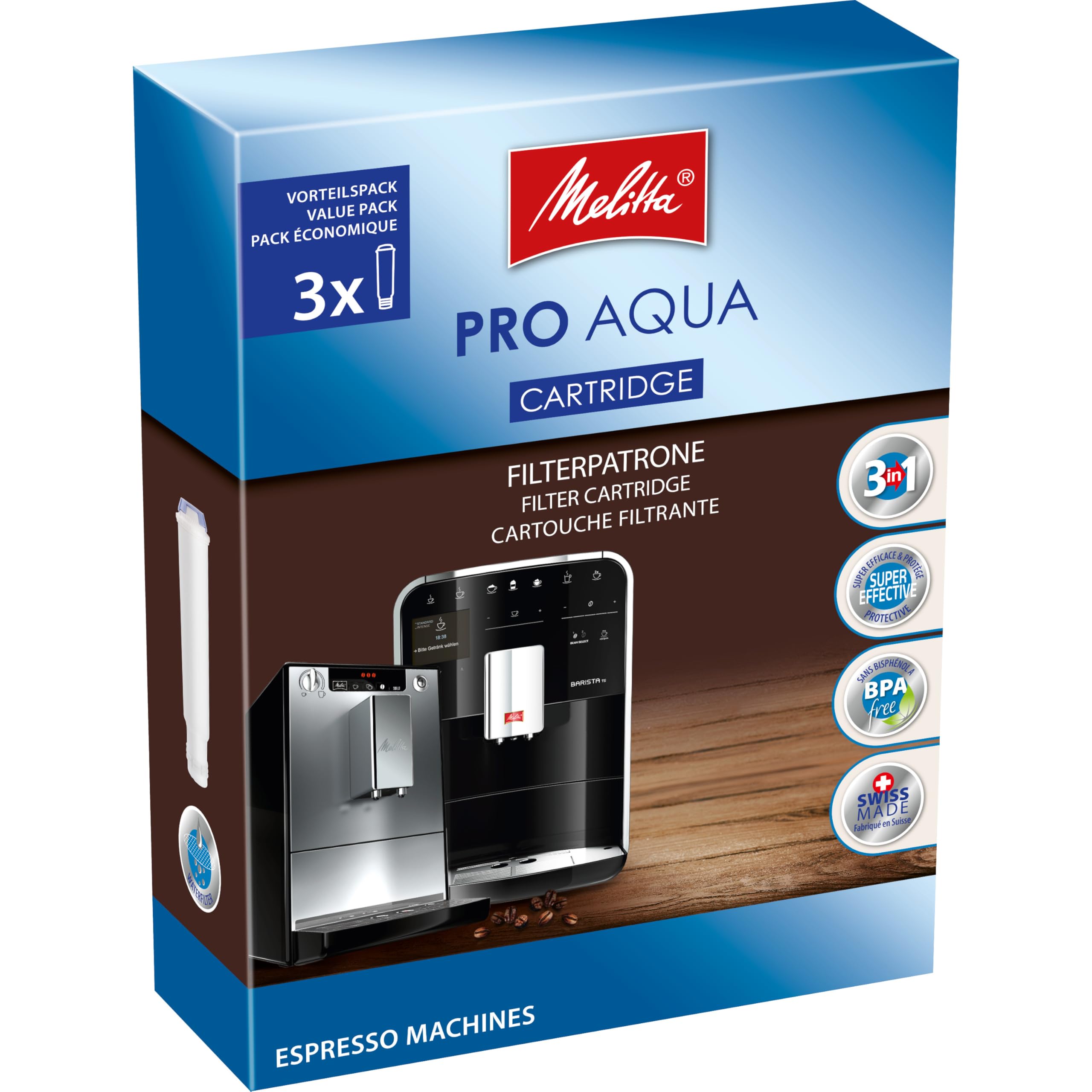 Melitta Filterpatronen Pro Aqua (3 Patronen) – Kalkfilter für Kaffeevollautomaten, verhindern Kalkablagerungen & reduzieren Schadstoffe für den besten Kaffeegeschmack
