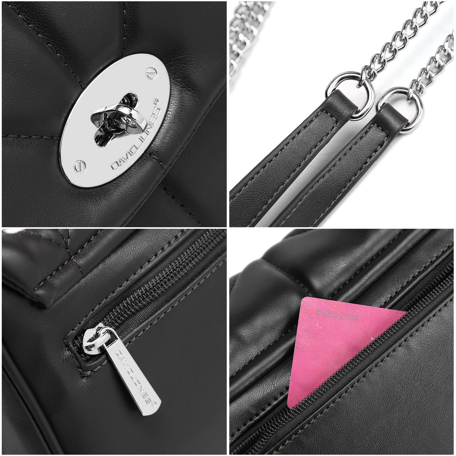 David Jones - Bolso Bandolera Acolchada Mujer - Bolso de Hombro Cruzado con Cadena Piel Sintética - Bolso de Mano Cuero PU Tamaño Mediano - Bolso Elegante con Torniquete Moda Clutch Embrague - Negro