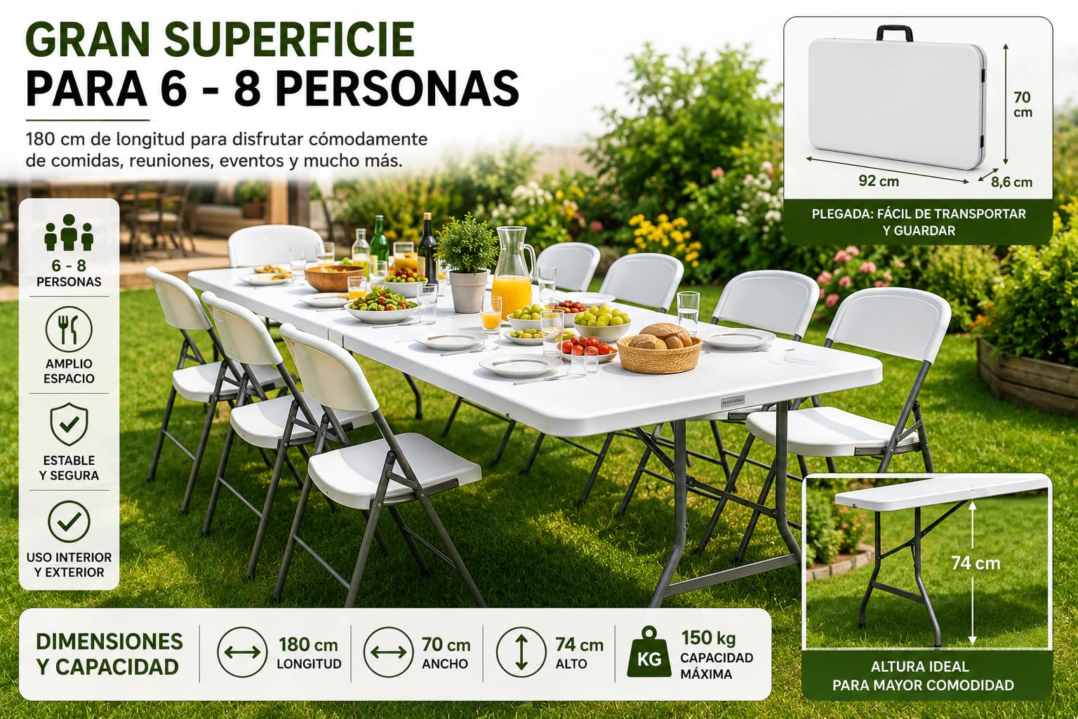 Mesa Plegable 180 cm Blanca con Asa, Mesa Jardín de Resina y Acero, Mesa Catering Portátil Multiusos para Camping, Picnic, Eventos, Terraza e Interior 180x70x74 cm