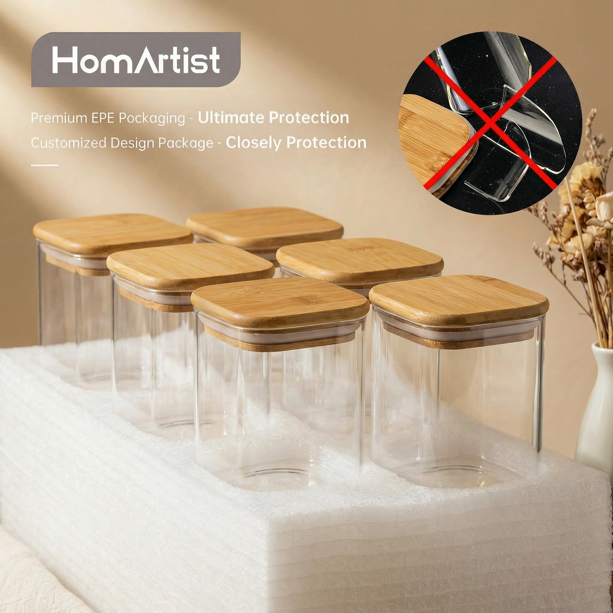HomArtist Tarros cuadrados de vidrio con tapas de bambú de 17 onzas líquidas [juego de 12], recipientes de vidrio con tapas herméticas, recipientes de vidrio para almacenamiento de alimentos para