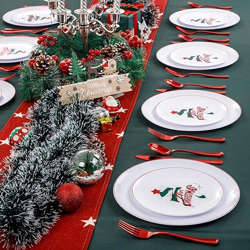 Miniatura 6 de NOCCUR 60 platos de Navidad - 180 cubiertos de plástico rojo