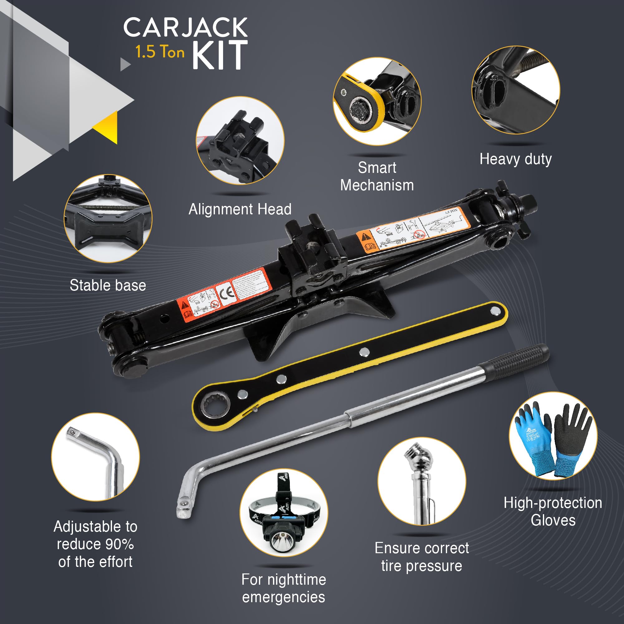 Car Jack Kit | Scissor Jack for Car 1,5 Ton (3,300 lbs) - Tire Jack Tool Kit | Portable, Ideal for SUV and Auto - Universal Kit with Lug Wrench | Heavy Duty Material — view 5