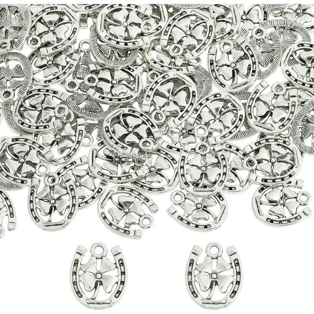 Charms Four Leaf Clover Horse Shoe Good Luck Western Cowboy for Jewelry Making 100Pcs