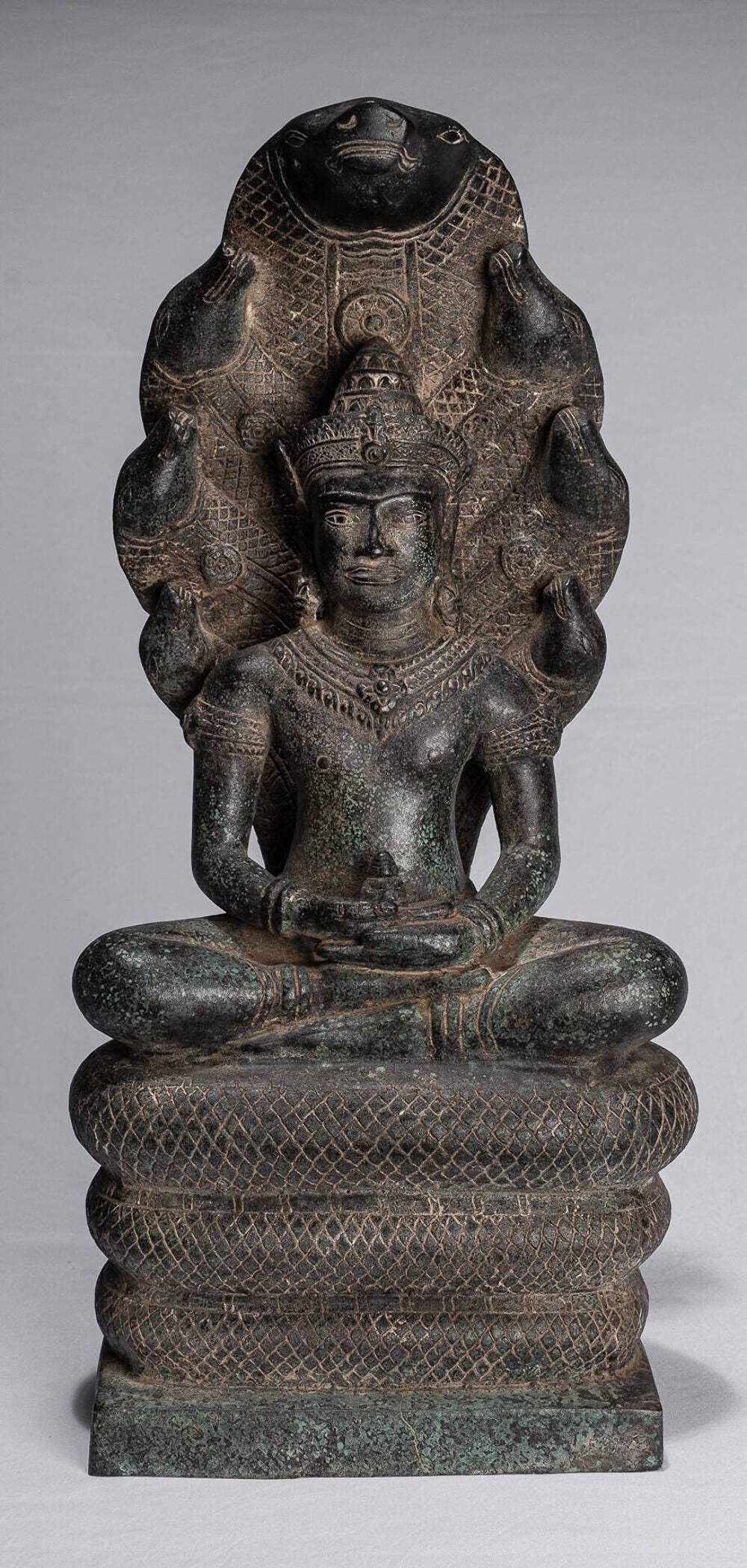Buddha Statue - Antique Bayon Style Khmer Seated Bronze Naga Meditation Buddha - 51cm/20"