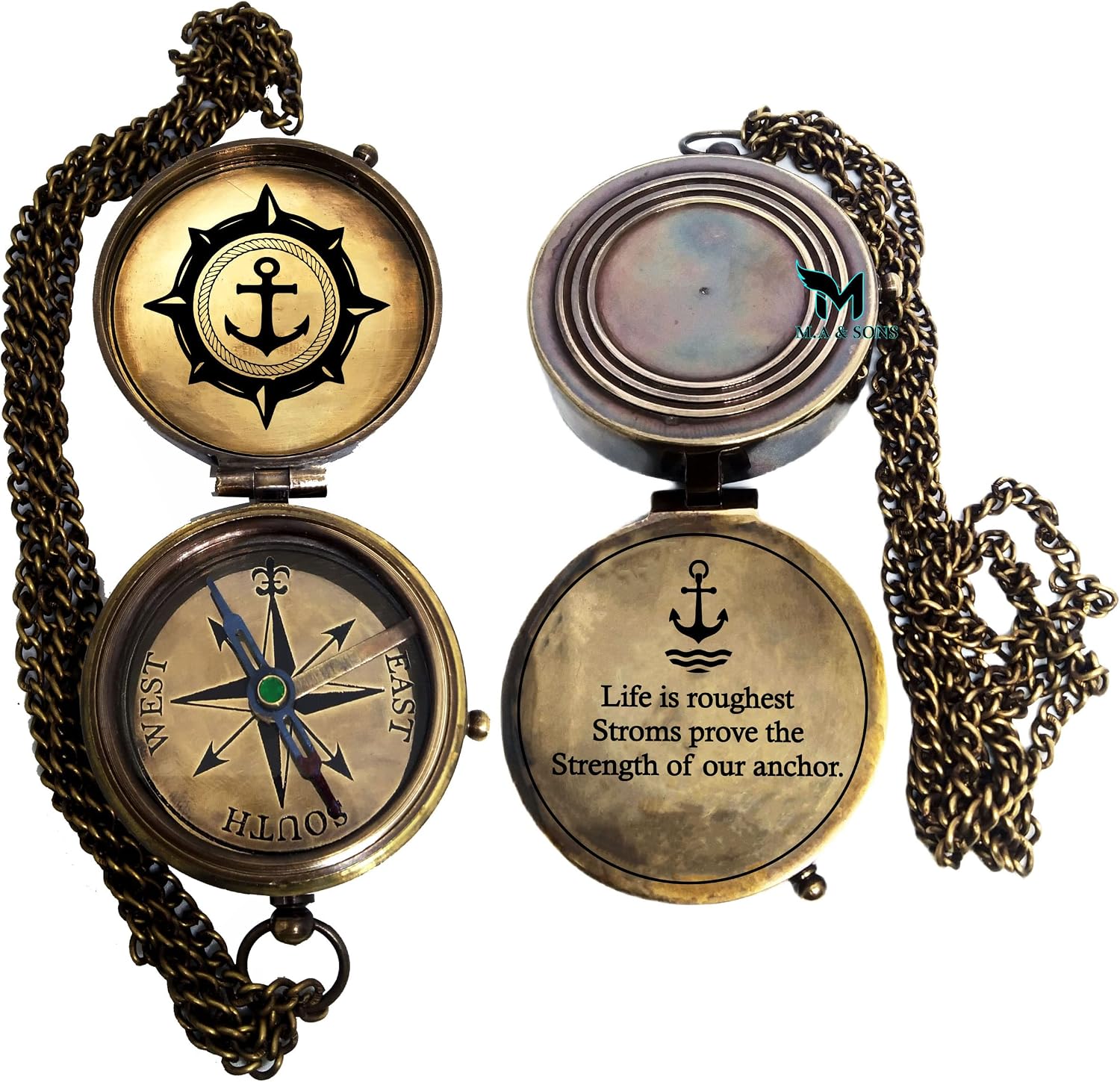 M.A & SONS Life is Roughest Anchor Brass 2'' Compass with Wooden Box, Unique Gift-Home Decor Item, Camping and Travelling Equipment image 2