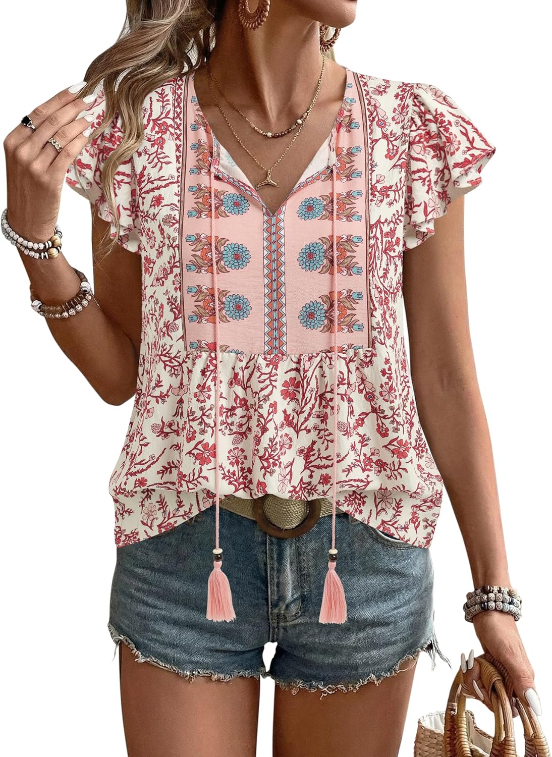 Vivilli Womens Summer Boho Tops Trendy 2026 Ruffle Short Sleeve Peasant Blouses Casual Tie Front Loose Tunic Vacation Clothes