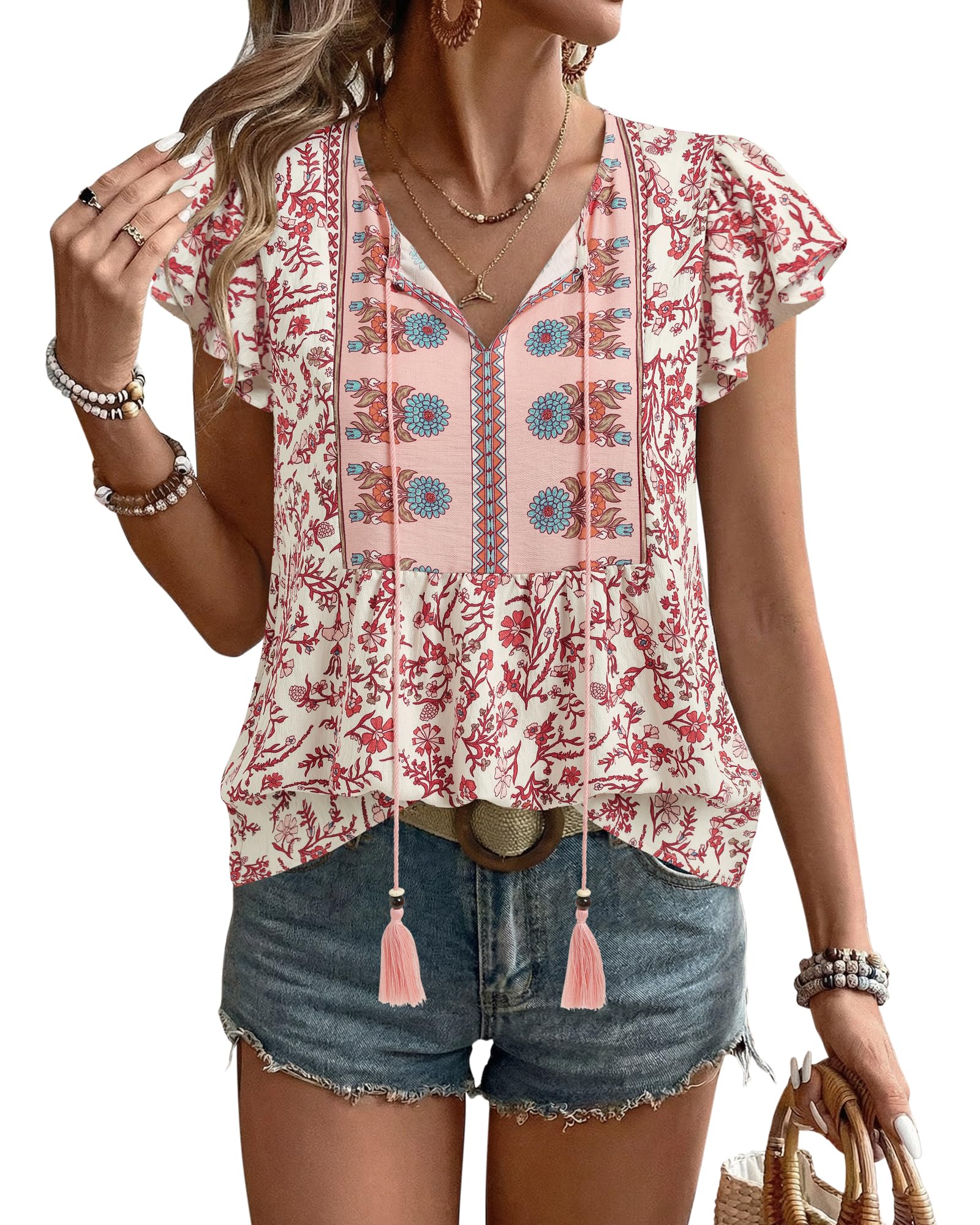 Gaharu Bluse Damen Elegant V-Ausschnitt Blumenmuster Oberteile Kurzarm Sommer Casual Urlaub