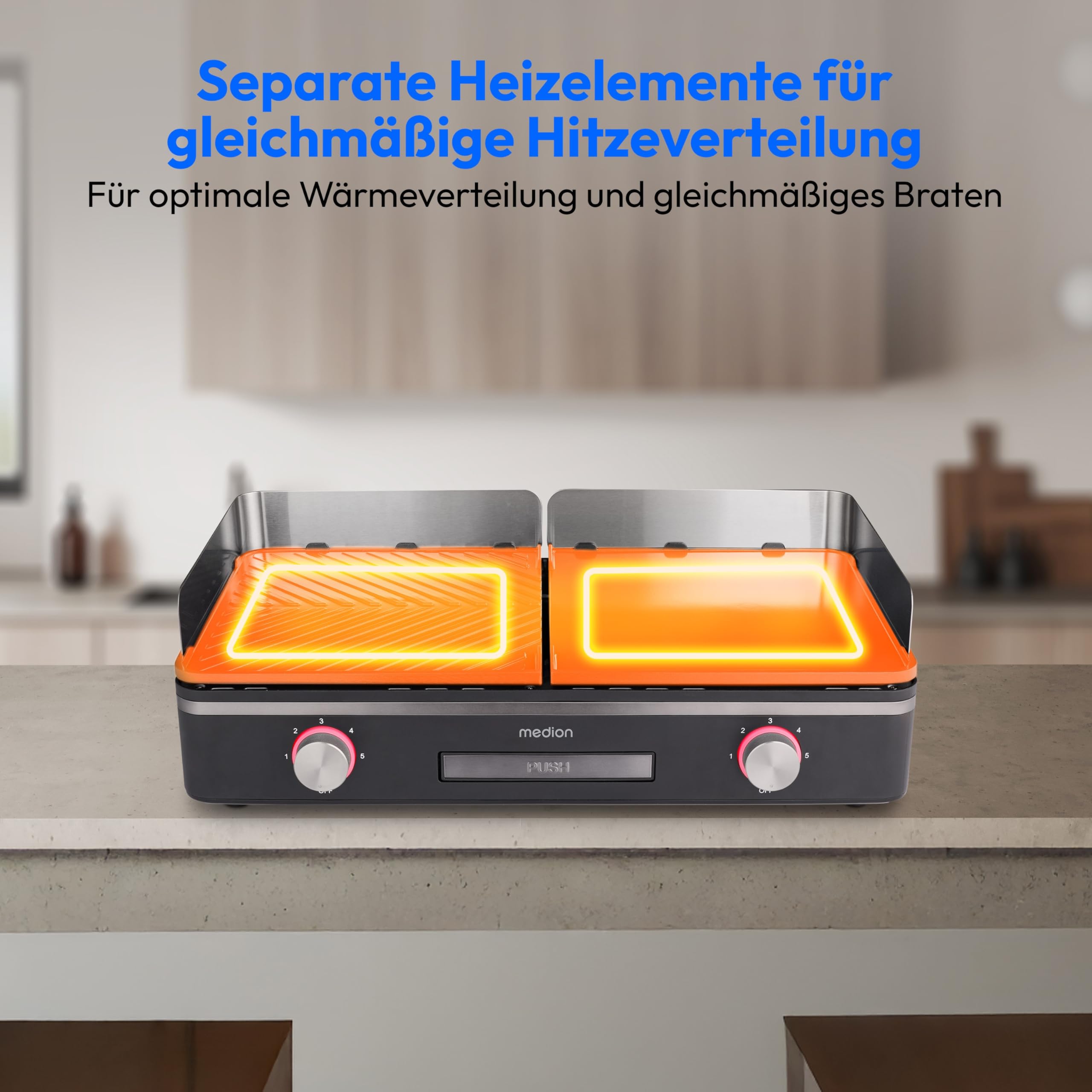 MEDION Tischgrill elektrisch 2400 Watt Dual-Zonen-System IPX4