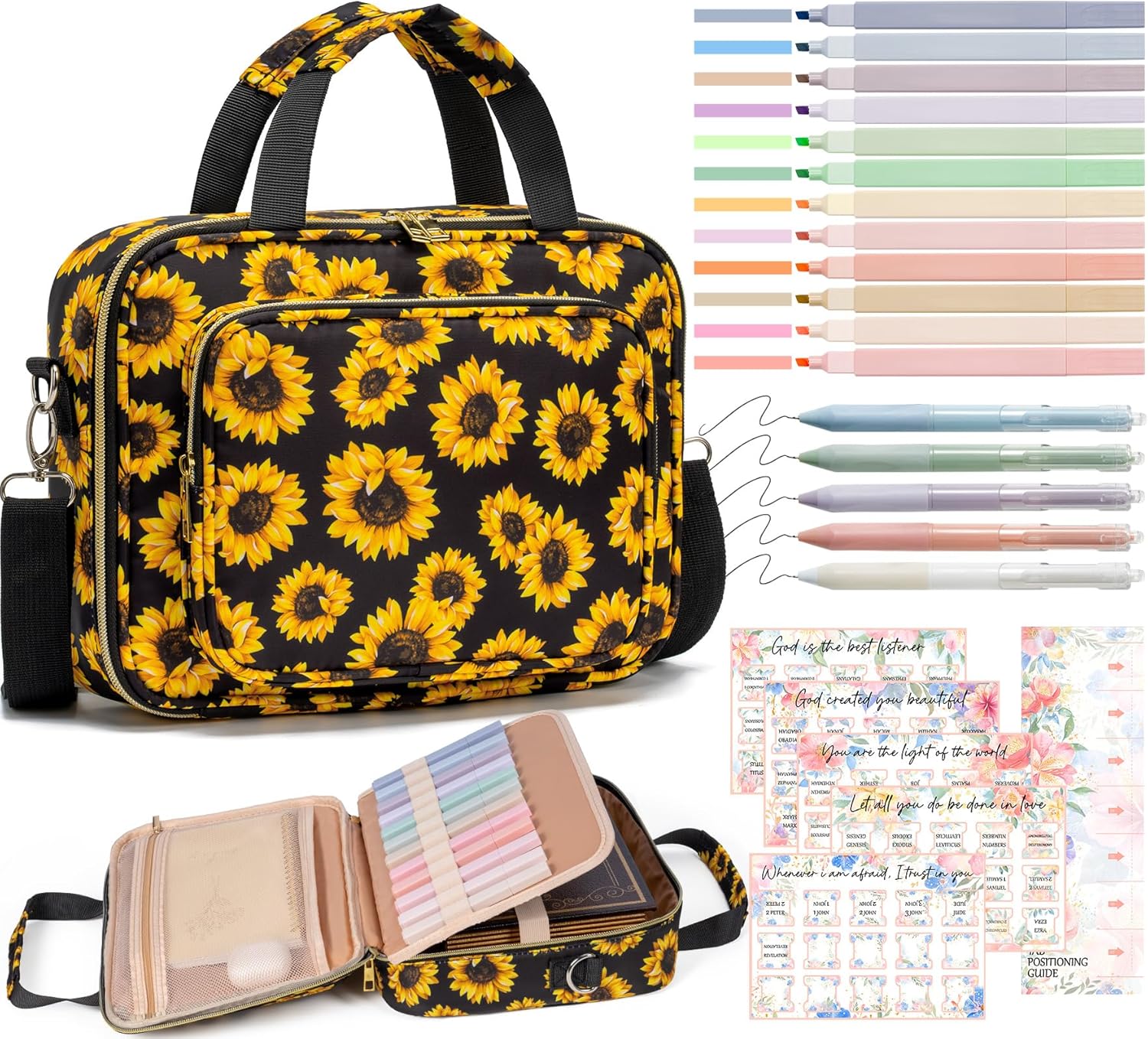 Bible Cover Case for Women, Large Bible Bag w/Shoulder Strap, Bible Study Supplies Journaling Kit Book Carrying Case with Pastel Highlighters 75 Tabs, Mothers Day Christian Gifts for Women Mom Teacher
