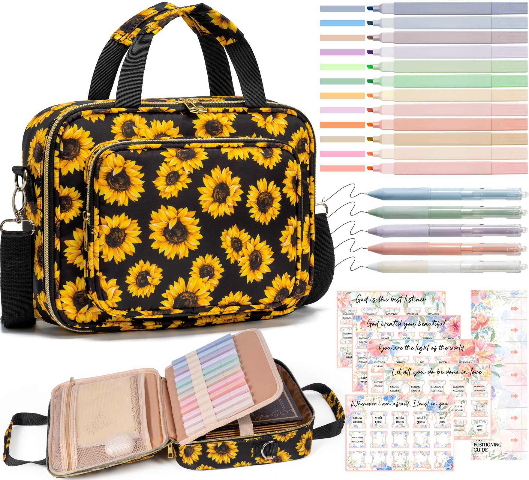Bible Cover Case for Women, Large Bible Bag w/Shoulder Strap, Bible Study Supplies Journaling Kit Book Carrying Case with Pastel Highlighters 75 Tabs,