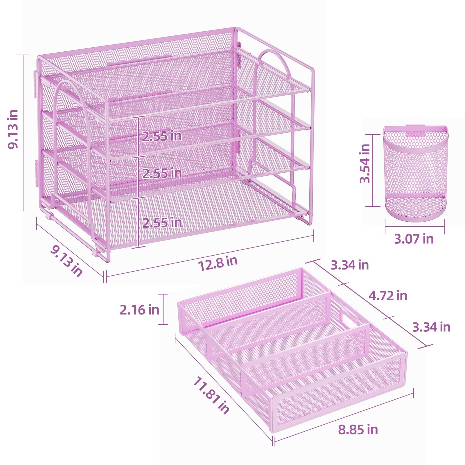 Marbrasse Organizer da scrivania a 4 vassoi con 2 portapenne, porta documenti da appendere al tavolo con cassetto, organizer per vassoio per lettere (viola)