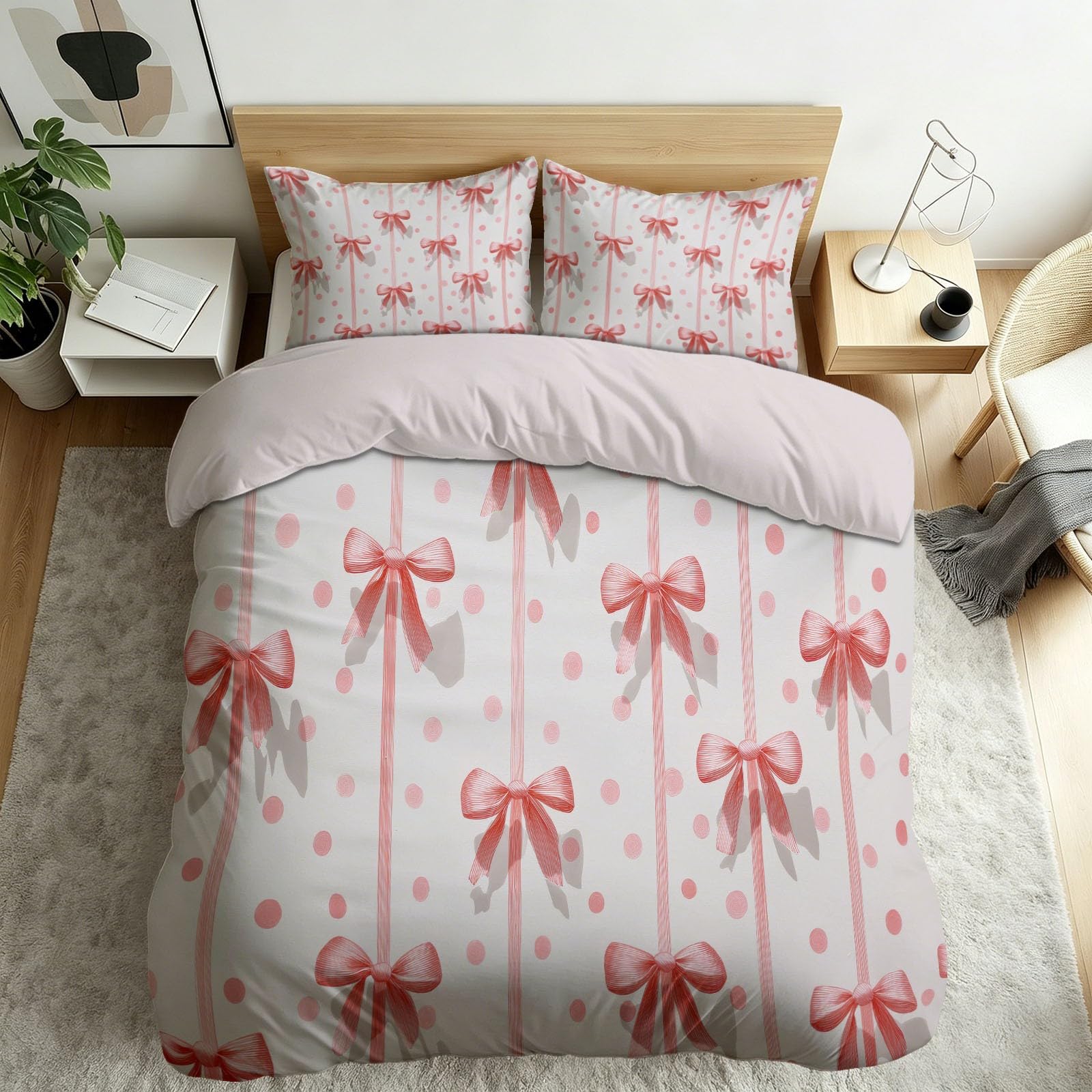Housse de couette sans repassage 220x240 blanche et ruban rose