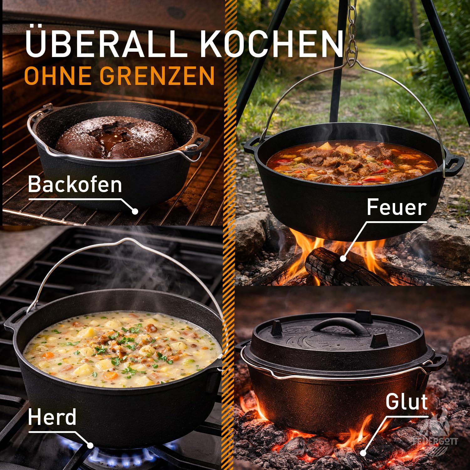 Dutch Oven 6L ohne Füße – Gusseisen Topf für Brot, Braten, Backofen, Herd, Induktion, Schmortopf für Familienküche, BBQ, Auflauf, große Portionen, Kochen, Grill, Bräter, rustikal, schwarz