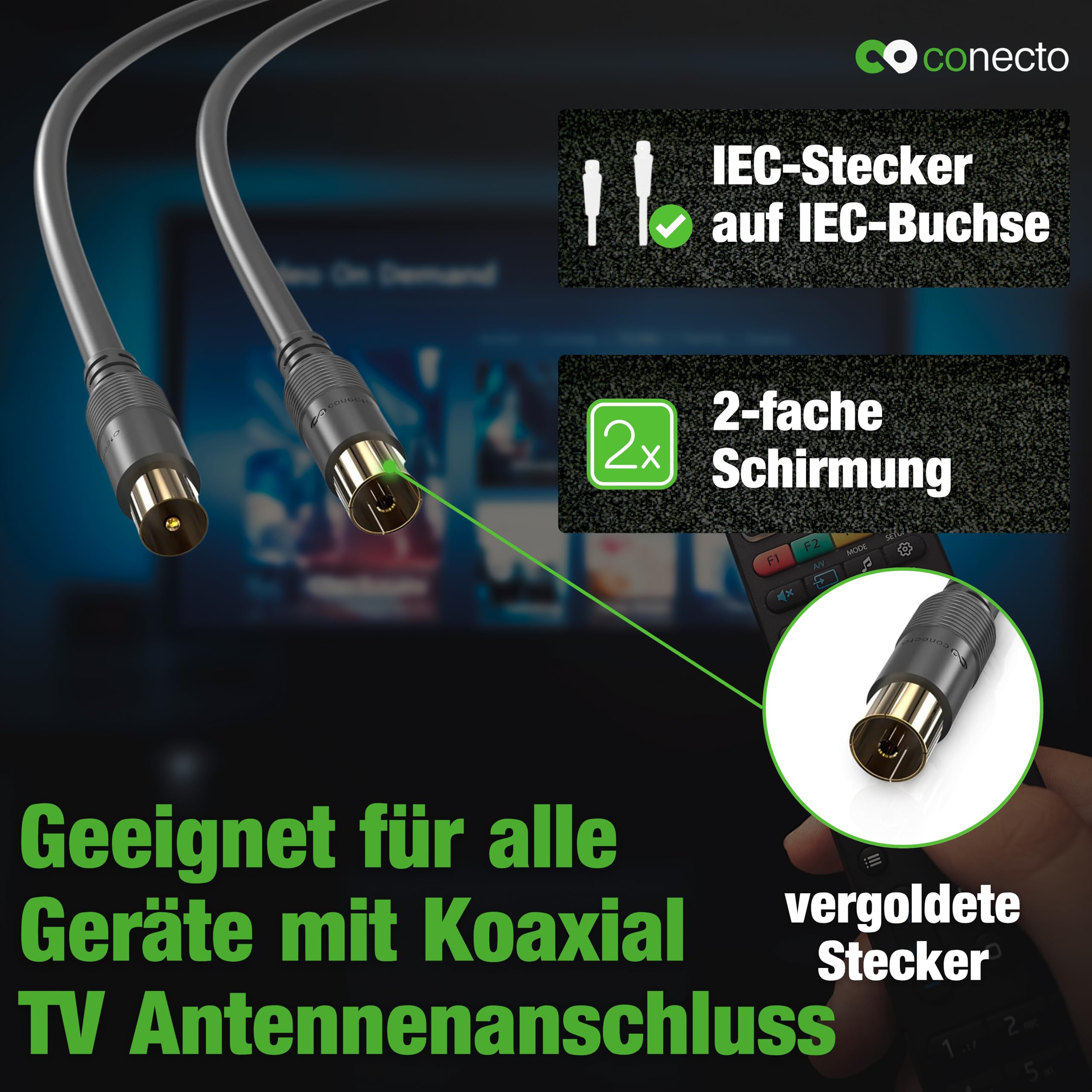 cavo antenna conecto cavo SAT cavo coassiale cavo satellitare TV 1,50 m doppia schermatura, da spina IEC a presa IEC, per HDTV, ricevitore, satellite, DAB, radio, nero
