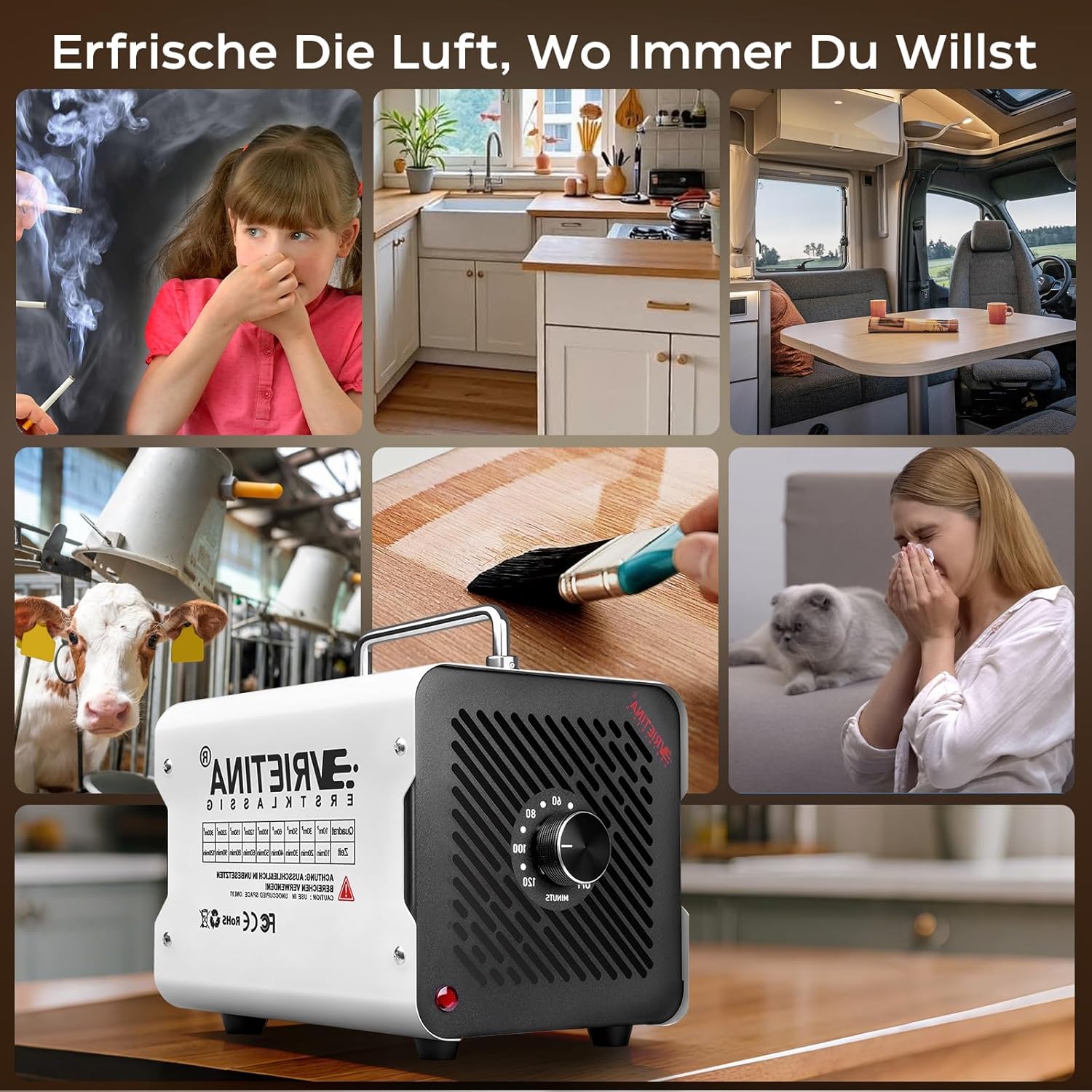 Ozongenerator O3 100000mg/h 120min Timer 35dB Ozongerät zum 300㎡,Auto Rauch