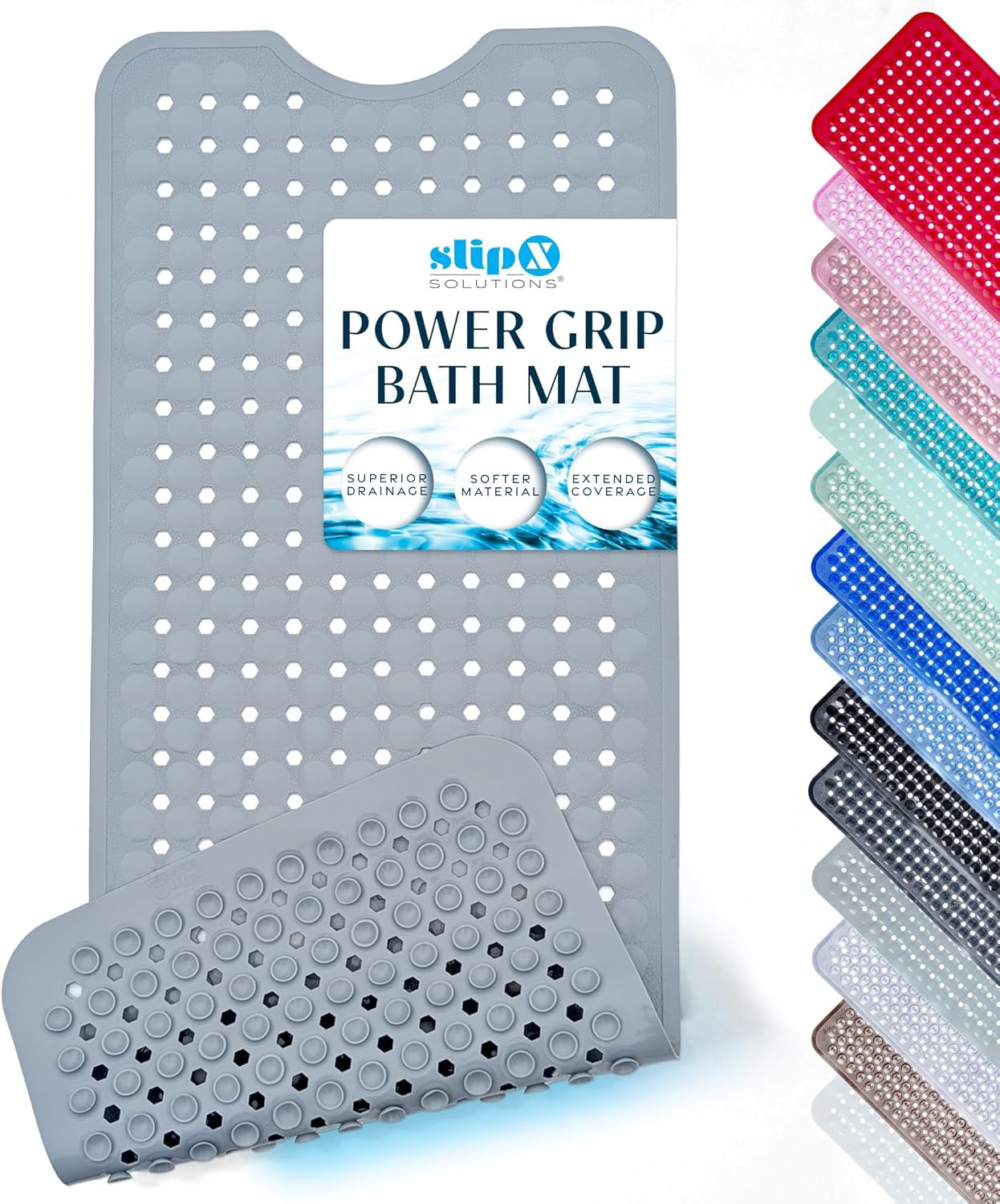 SlipX Solutions Power Grip Non-Slip Bathtub Mat 39x16 Inch Gray - Superior Suction, Soft Grip for Ultimate Bath Safety