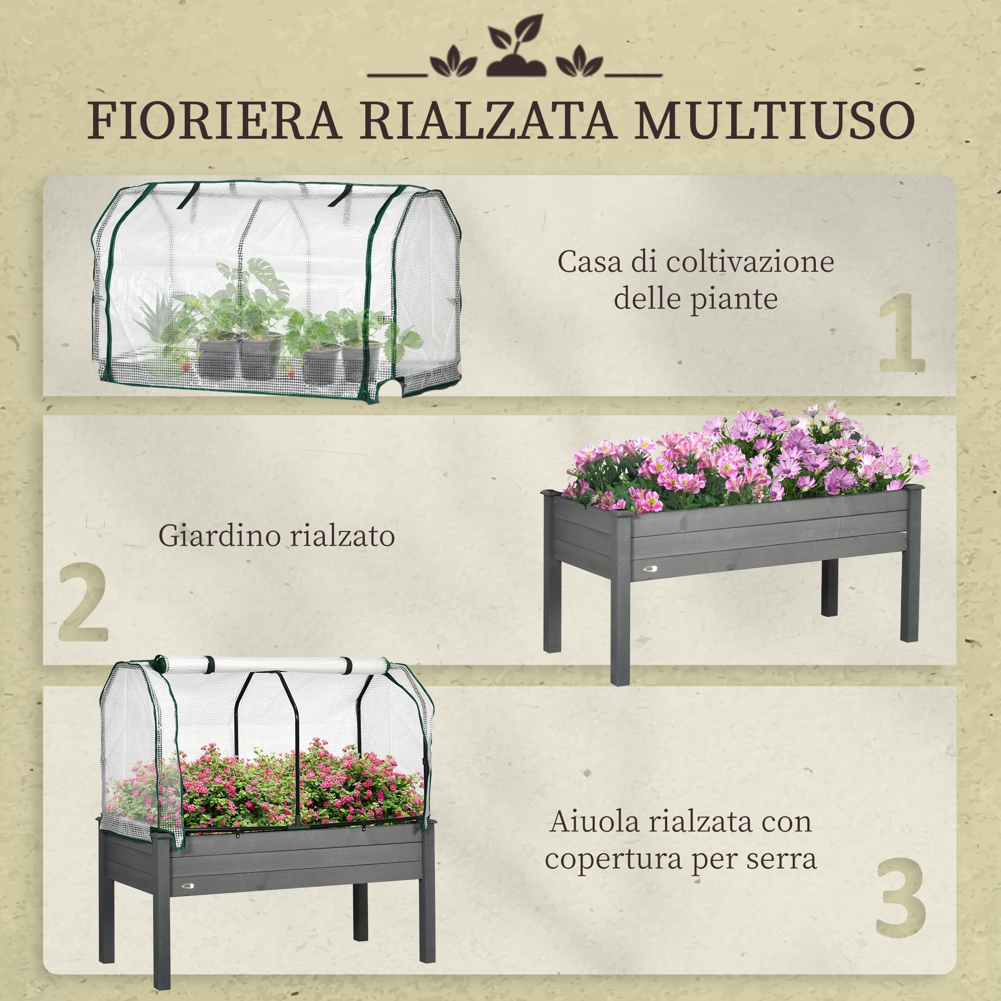 Outsunny Letto per Orto Rialzato con Copertura in PE, Fioriera Rialzata da Esterno in Abete con 4 Fori di Drenaggio, per Fiori e Verdure, per Giardino, Balcone, 121x55x117 cm, Grigio Scuro