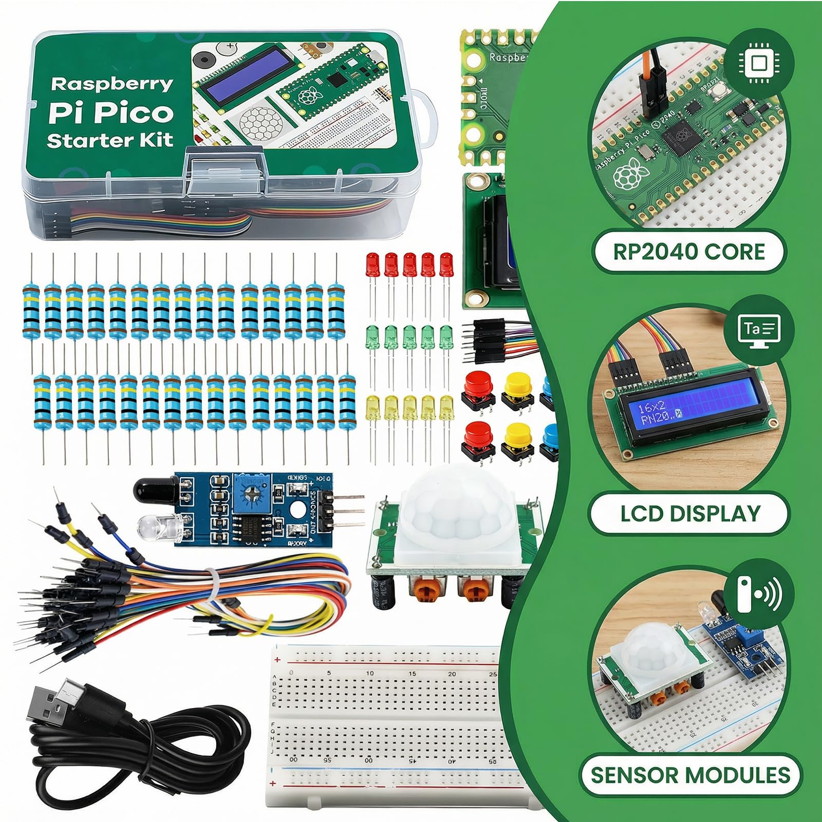 Kit de démarrage de base pour Raspberry Pi Pico, super kit de démarrage pour Raspberry Pi Pico, Raspberry avec breadboard, module d'affichage LCD 2C 1602, capteurs compatibles