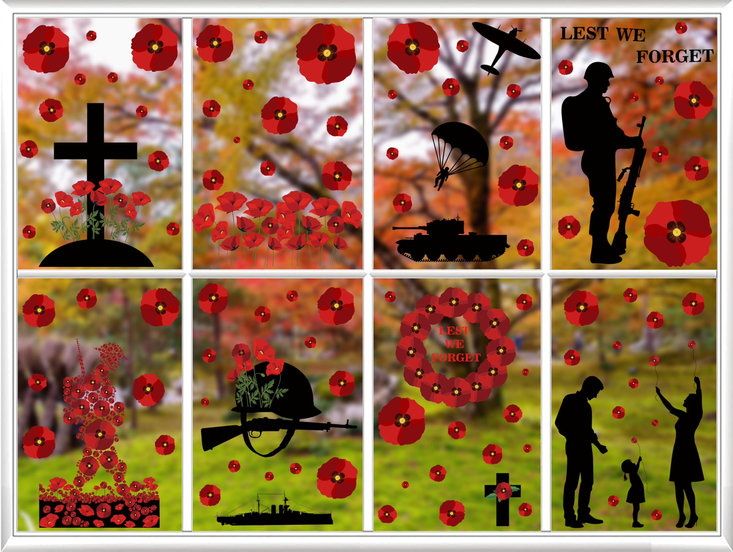 Lest We Forget Stickers Poppy Window Sticker 8 Sheets Remembrance Day Stickers for Outside Indoor Window Application Remembrance Day Refrigerator Home Office Classroom Window Decorations