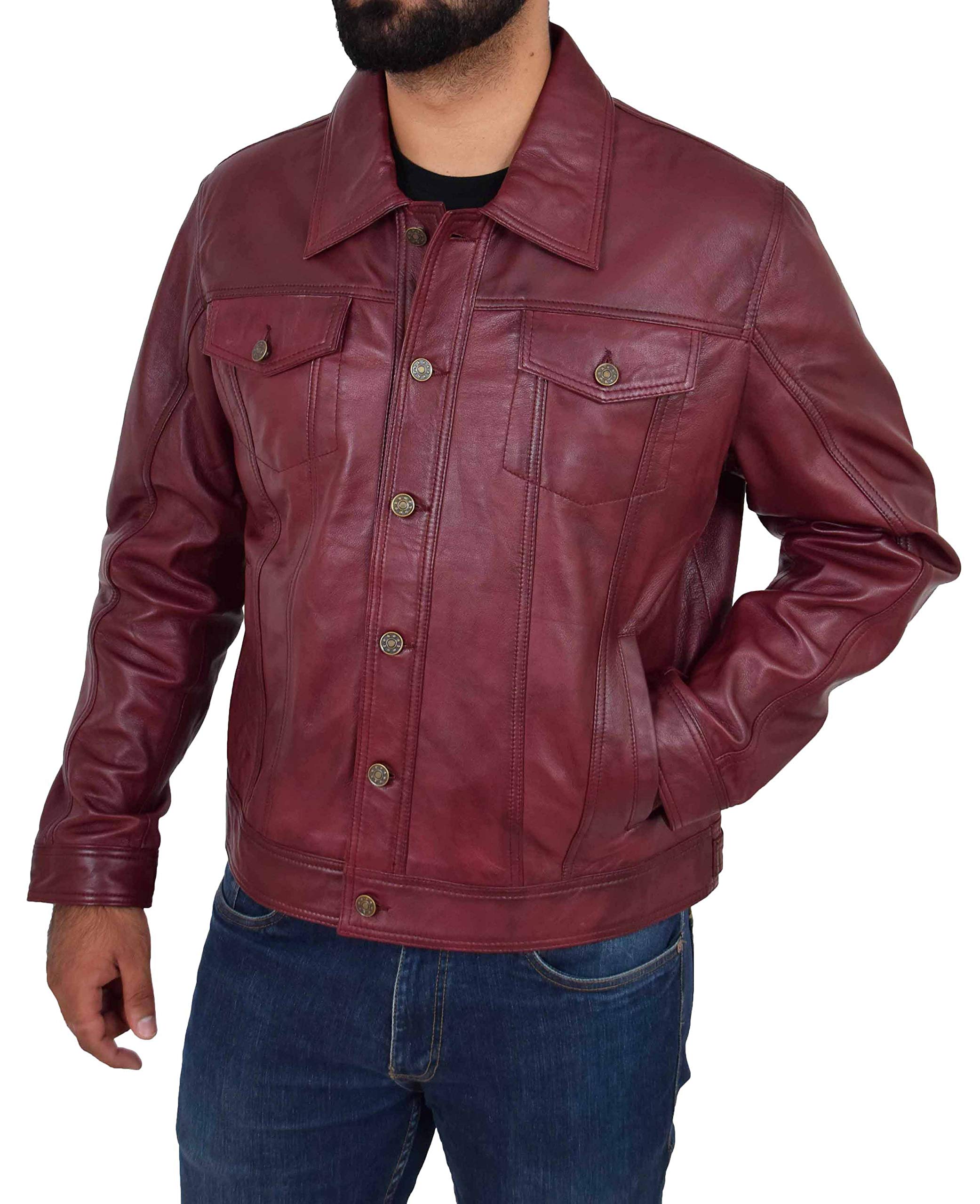 Chaqueta de camionero de cuero suave para hombre, abrigo estilo vaquero occidental americano, color burdeos