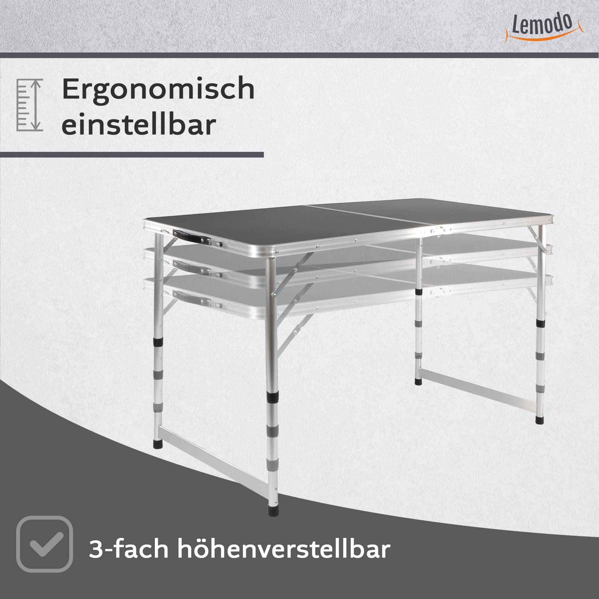 Lemodo Campingtisch schwarz klappbar | Klapptisch 3-Fach höhenverstellbar | Falttisch 120 x 60 cm | Leicht zu transportierender Partytisch | Koffertisch für Verschiedene Anwendungen