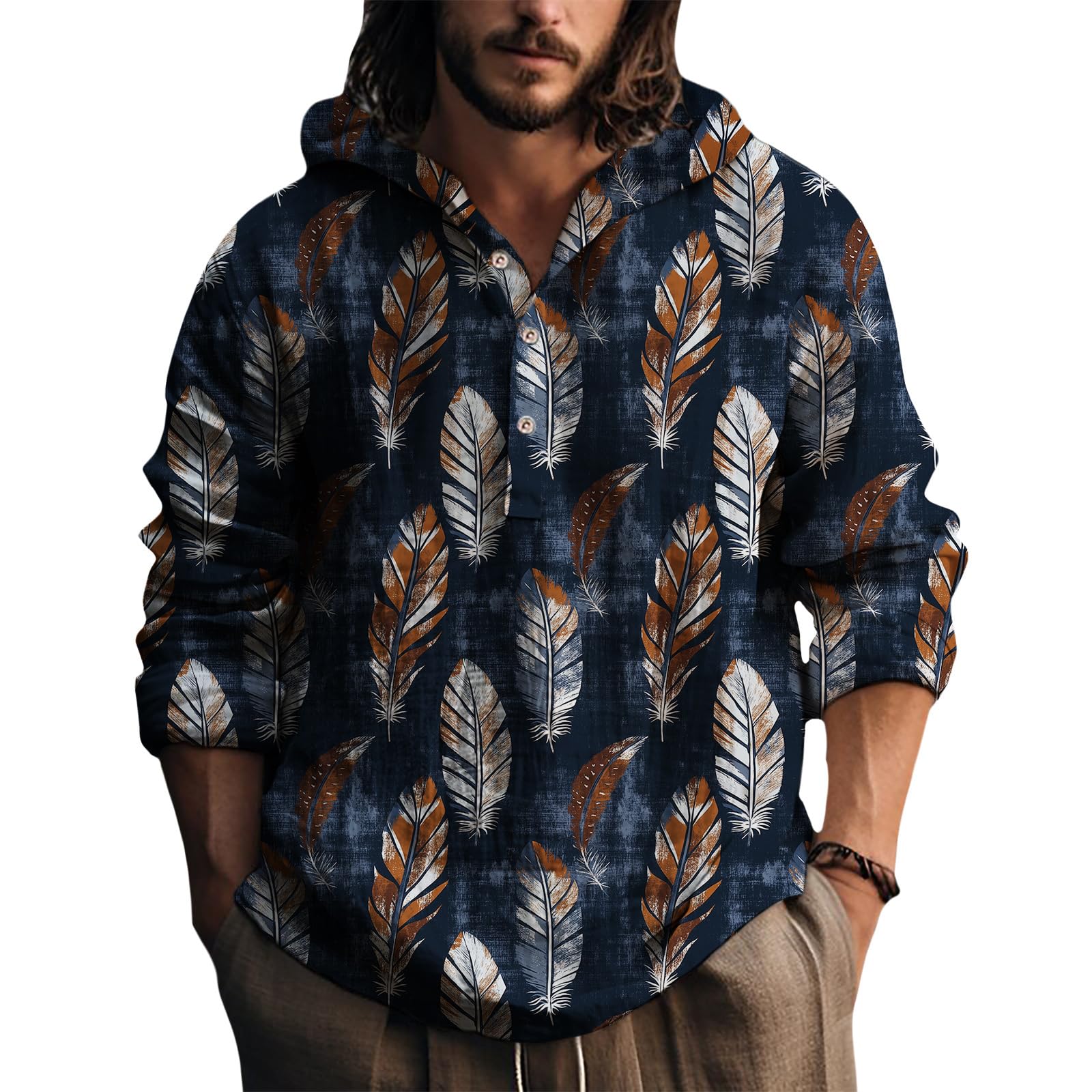 Mens Bohemian Ethnic Print Hoodie Shirt Long Sleeve Button Down Lightweight Casual Top for Beach Vacation