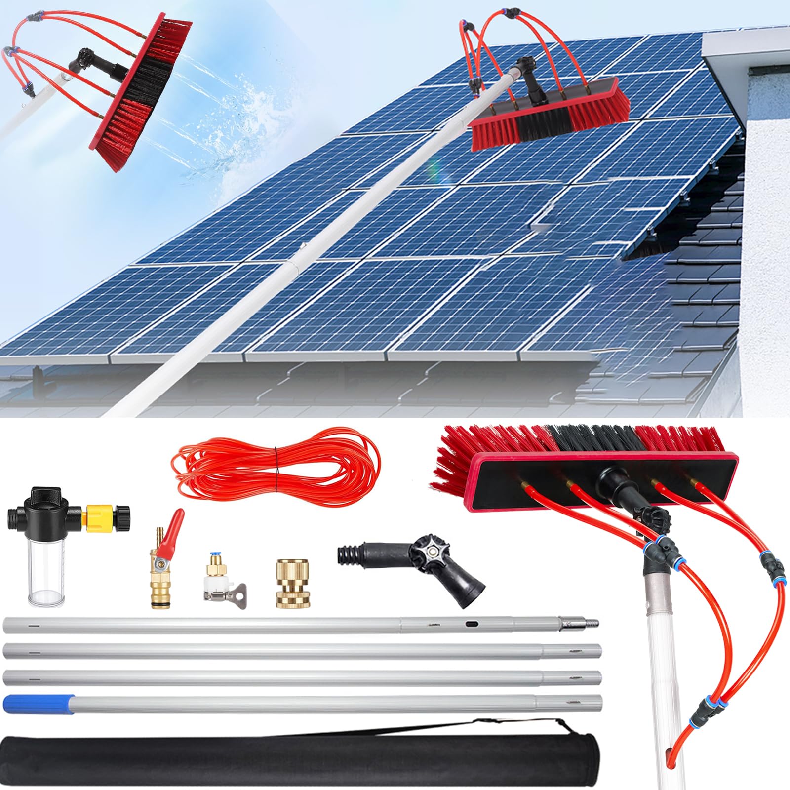 Solar Panel Cleaning Kit: 16M Telescoping Pole, 35cm Water Fed Brush, Soap Dispenser, 20m Hose, Cleaning Equipment for PV System, Windows, Conservatory Roofs & Cars