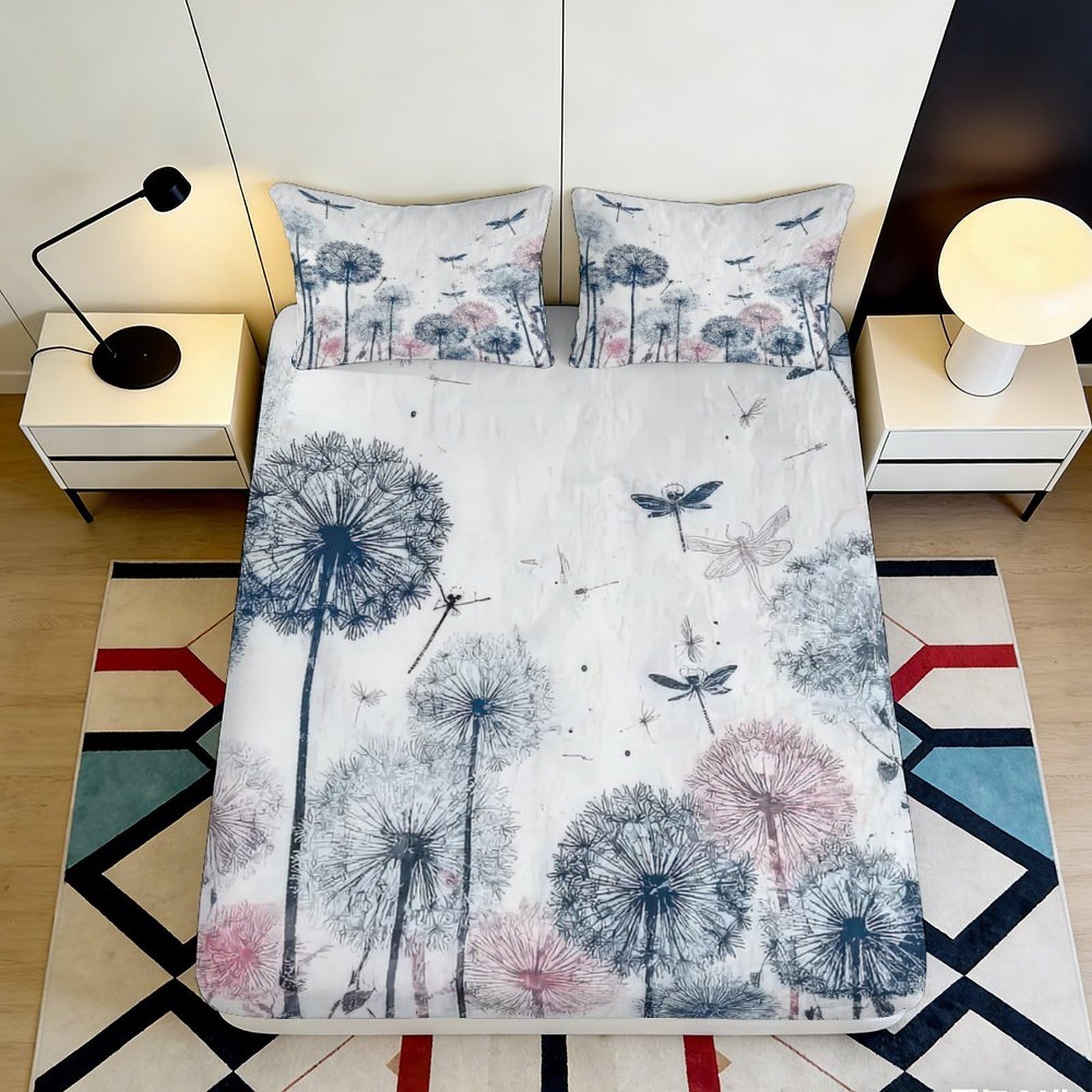 3D Printed Dandelion Meadow Fitted Sheet Microfiber Soft Breathable Dragonfly Dream Mattress Cover for Bedroom Decor 90x200x25cm