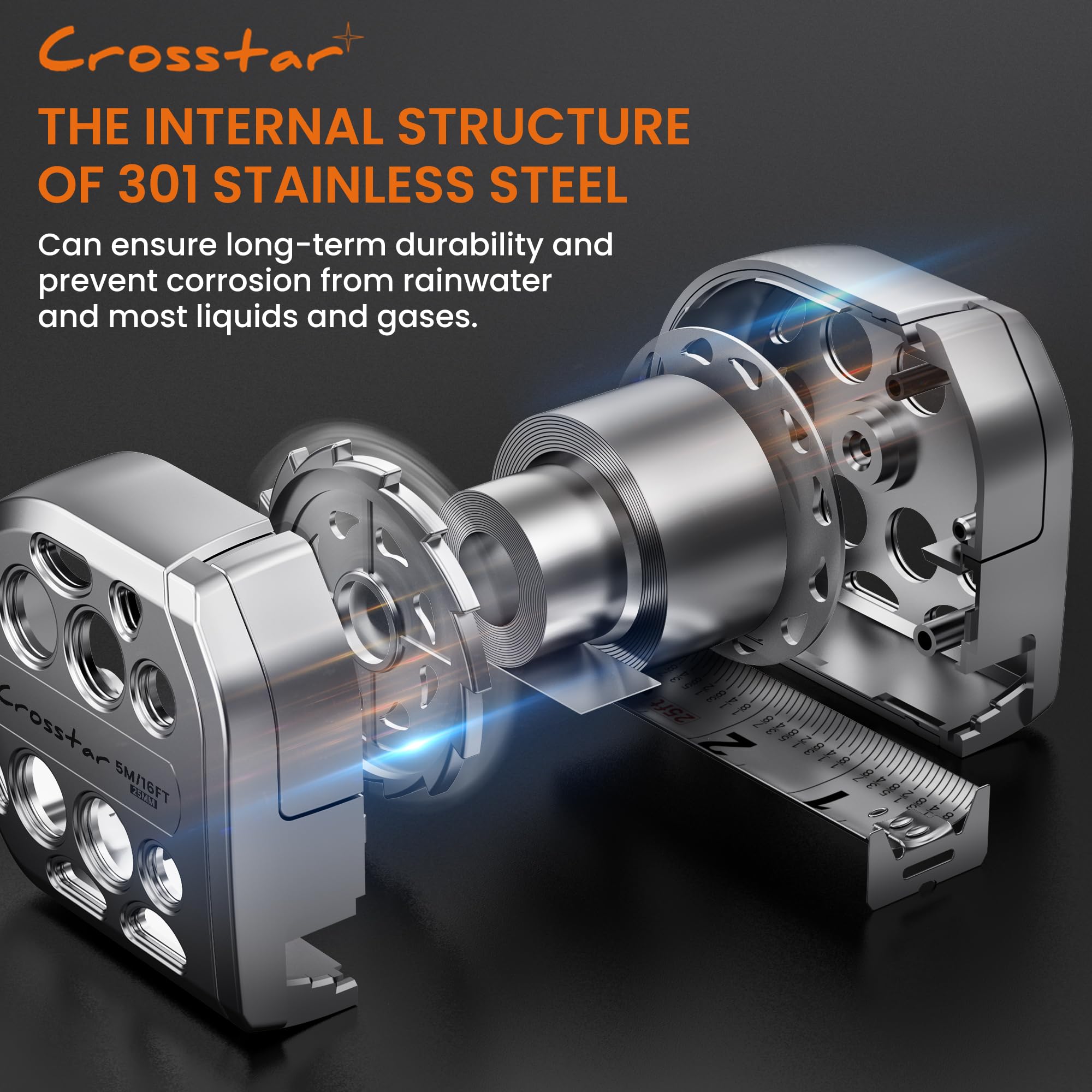 Crosstar Cinta métrica de acero inoxidable autoblocante de 16 pies con graduaciones de doble cara, cinta métrica retráctil impermeable, diseño hueco duradero, construcción fácil de limpiar para