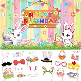 Easter Bunny Birthday Party Decorations for Kids Colorful Eggs Bunny Happy Birthday Banner Backdrop 16pcs Easter Photo Booth Props Photography Decor for Girls Boys Rabbit Spring School Party Supplies