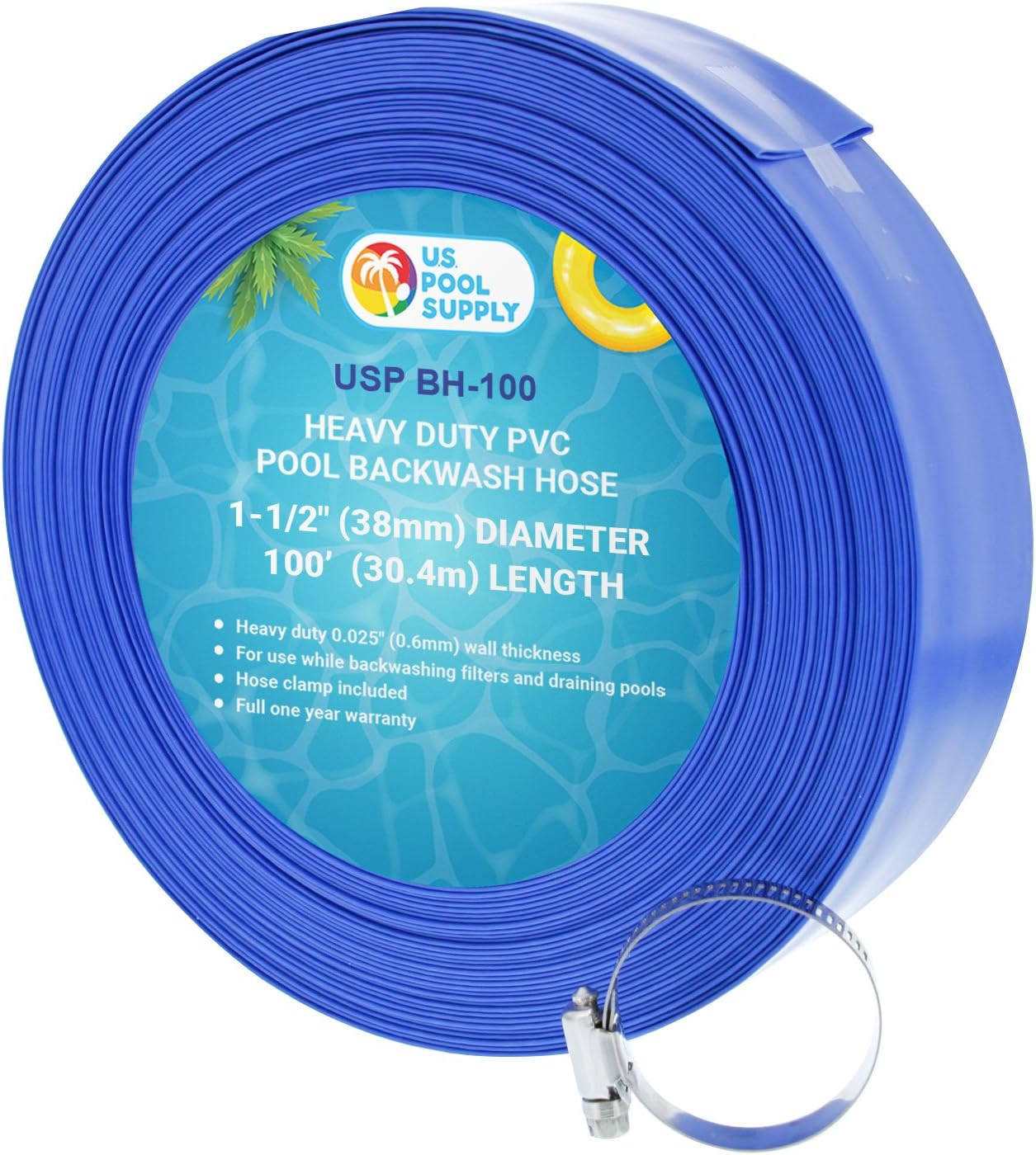 U.S. Pool Supply Pool Backwash Hose 1.5" x 100' - Heavy-Duty Pool Drain Hose, Filter Pump Water Drainage, Sump Pump Discharge, Inground Draining - Flexible Lay Flat, Clamp