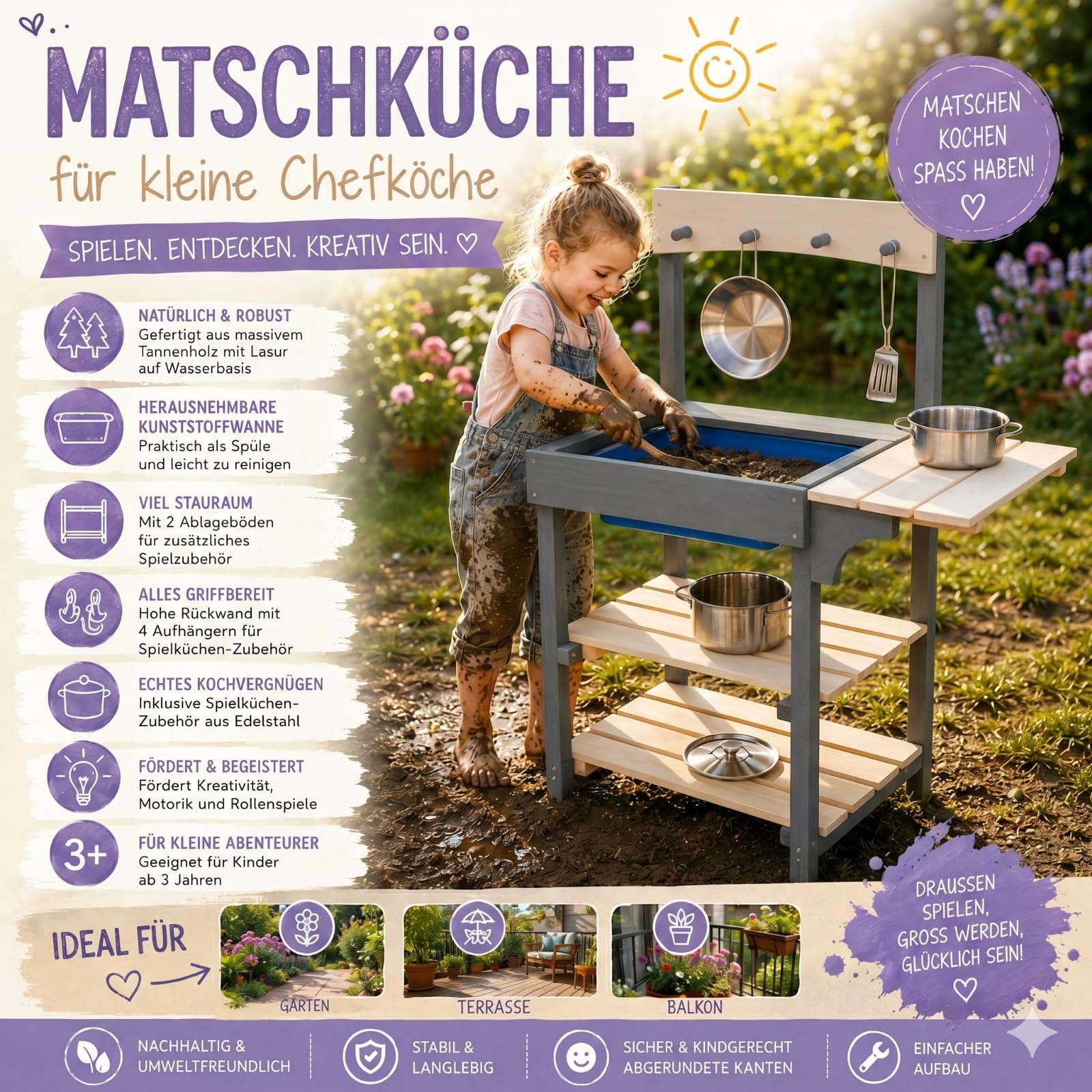 HAGO24 Matschküche Spielküche Kinderküche Sandküche Holz Zubehör Outdoor Garten Terrasse herausnehmbar Spüle