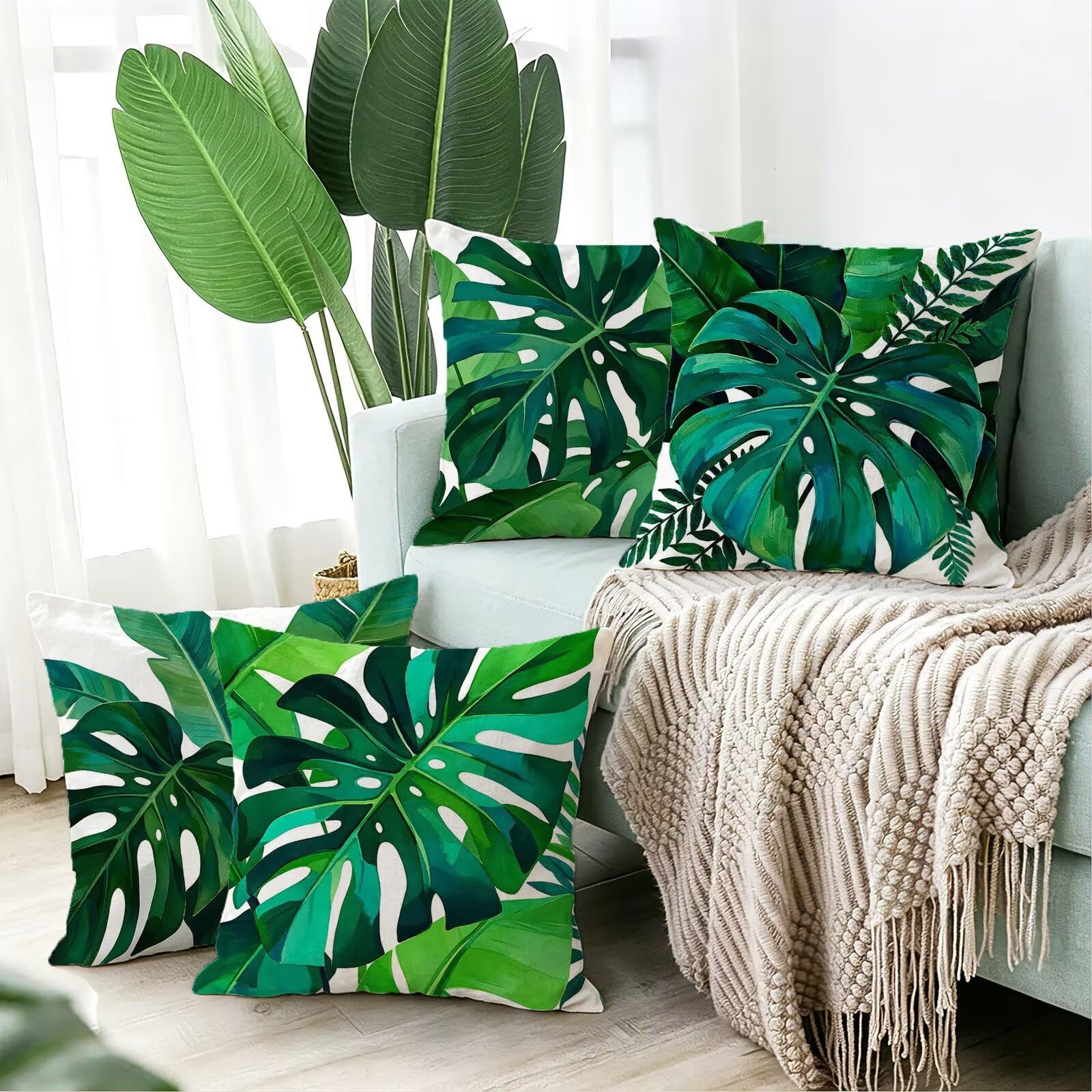 Verde Federe Cuscini Divano 50x50cm, Cuscini da Esterno Set de 4, Cod-130 | Velour Copricuscini Decorativi Letto Arredo, per Letto,Giardino, Esterno, Casa Decorazione Set di 4 Piante Tropicali
