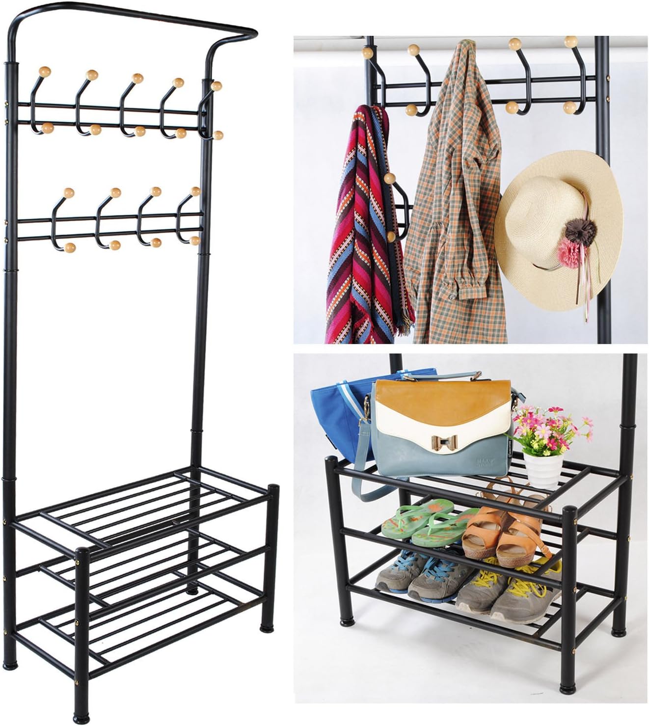 Hall Tree Coat Rack Bench with Shelf. Leave Your Shoes Here. This Entryway Furniture Will Organize Your Life. Guaranteed Organizing Storage Space Coat Racks Hooks Hangers Wood Metal Convenient Halltree Coatrack Benches Home Organization