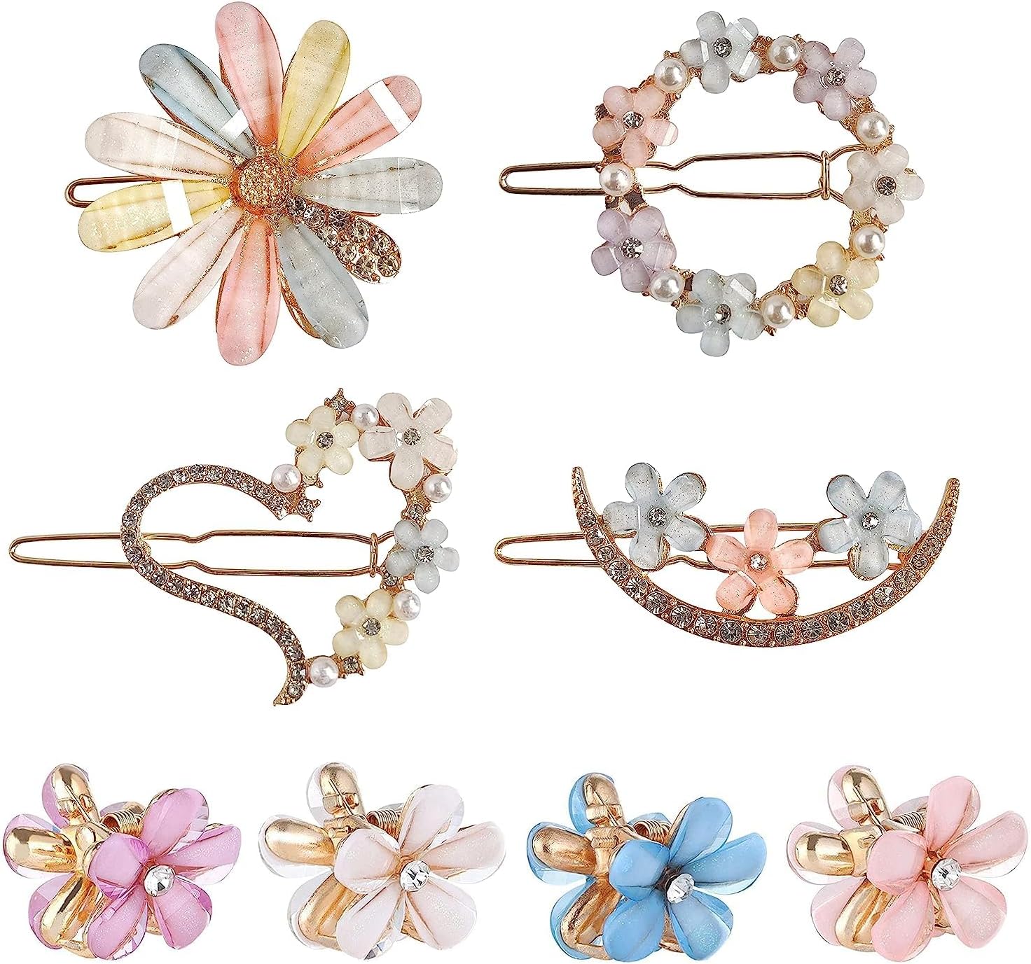 Manrav 8 Pc latest Korean fashion Style Flower Lock Hair Clip Pin Rhinestones Crystal mini Clutcher Hair Accessories set For Women And Girls (8 Pcs)