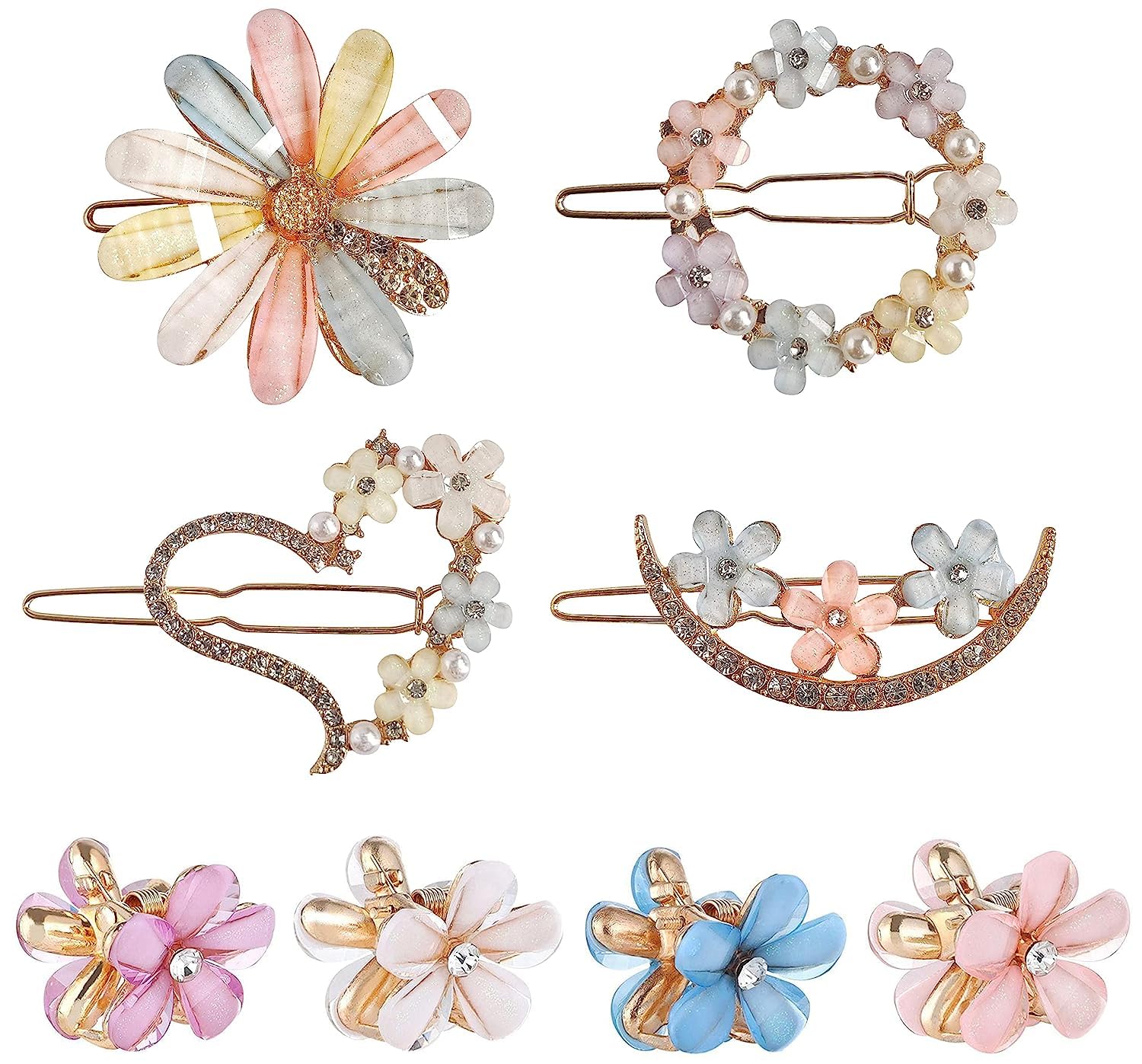 Manrav 8 Pc latest Korean fashion Style Flower Lock Hair Clip Pin Rhinestones Crystal mini Clutcher Hair Accessories set For Women And Girls (8 Pcs)