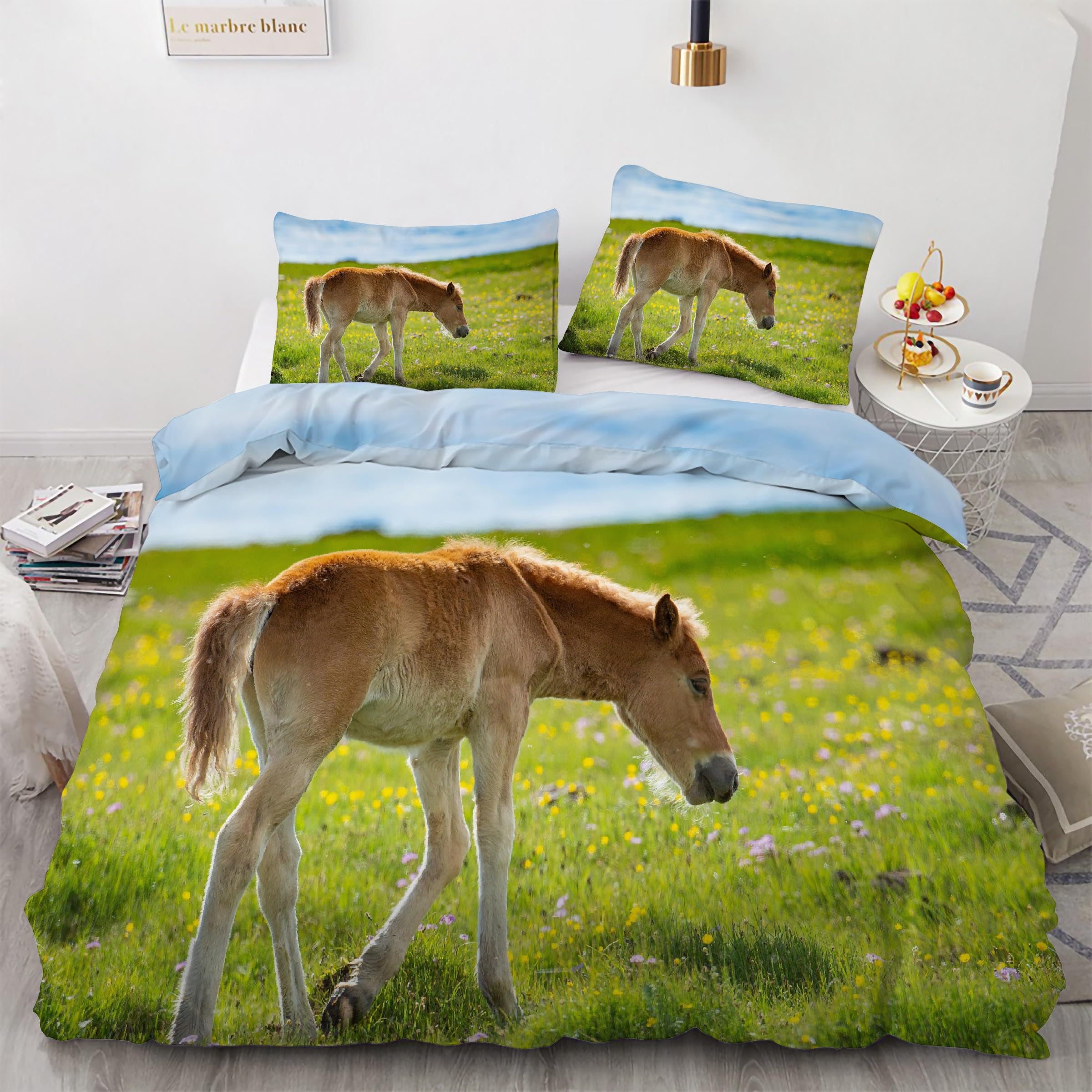 Parure de lit poney motif animal 90x190 cm en microfibre pour cadeau d'anniversaire enfant