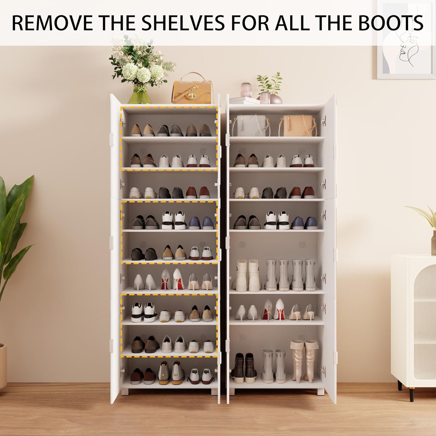 HRVEOCEI Mirror Shoe Cabinet Entryway with Doors, Tall Enclosed Shoe Storage with Adjustable Shelves & Ventilation Holes, Wooden Closed Shoes Rack with Metal Handle for Hallway Apartment (White 2)