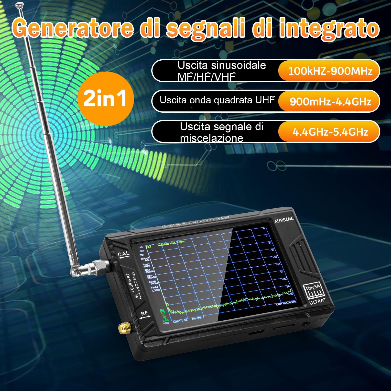 AURSINC 2025 TinySA Ultra+ ZS406 Analizzatore di Spettro, HW V0.4.6 100kHz-5,4GHz 4,0" Analizzatore di Frequenza con Scheda da 32Gb, 2 in 1 Generatore di Segnale 100kHz-900MHz Ingresso UHF MF HF VHF