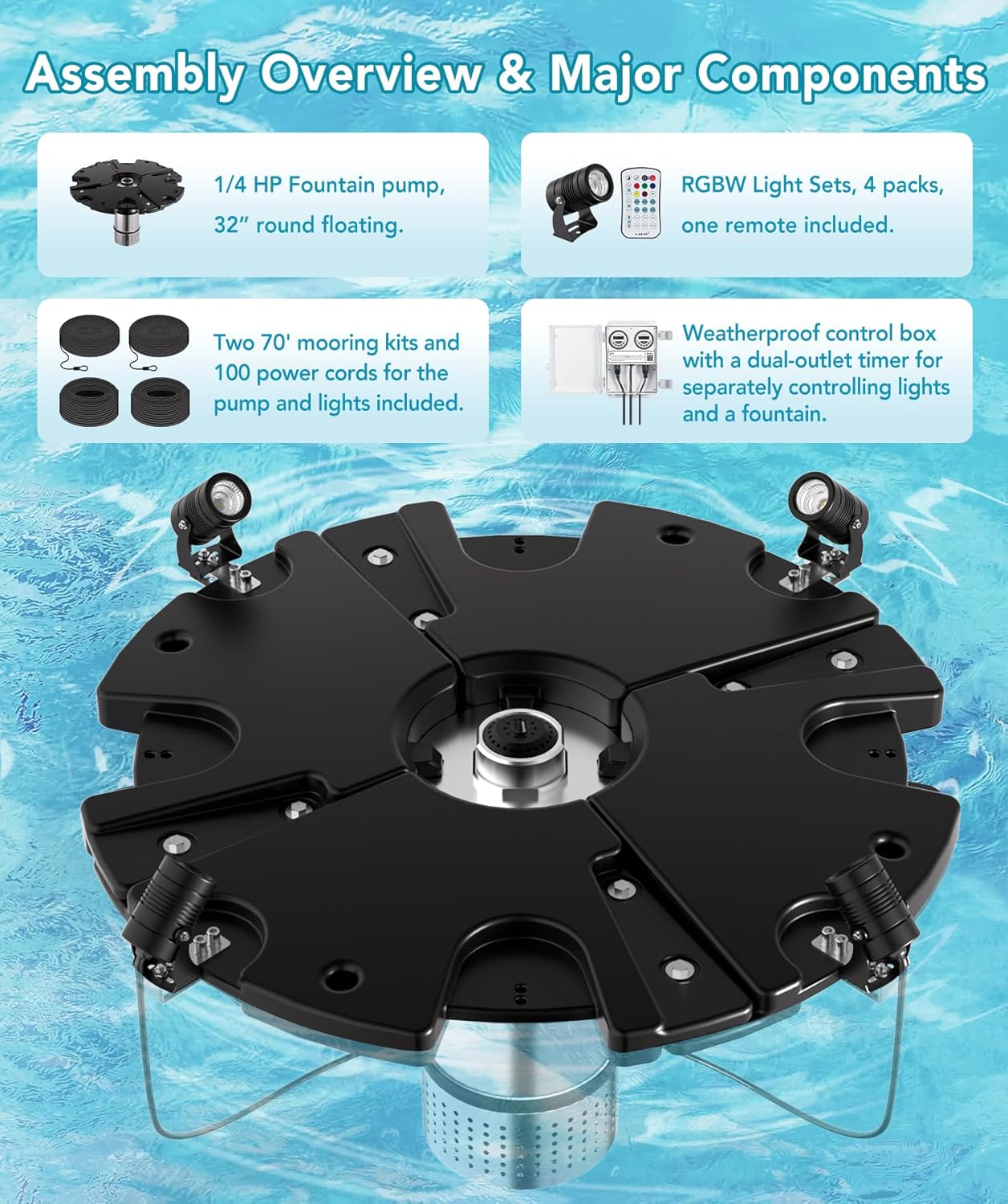 HQUA FS02 120V, 1/4HP, Large Pond Floating Fountain with FSL01 LED RGB Color-Changing Light Sets, 100’ Cord, 9000 GPH, Two Spray Patterns 25'×6' and 13'×4'