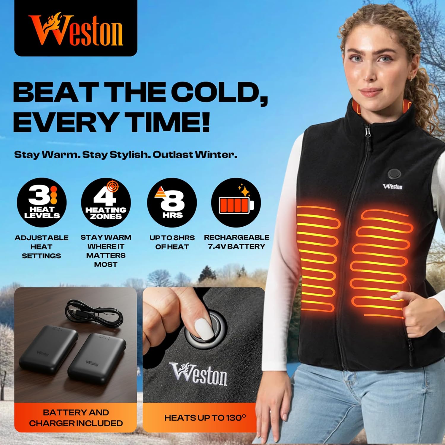 Weston Women’s Heated Fleece Vest, 4 Heating Zones, 7.4V, 4800 mAH Rechargeable Battery, Machine-Washable Women’s Fleece Vest - Image 3
