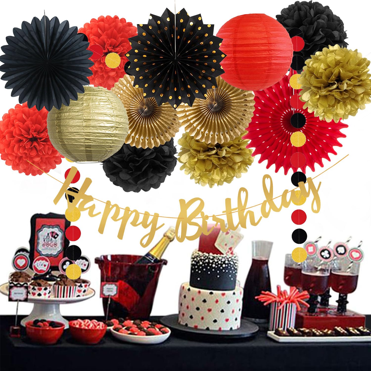 Kit Decorazioni Feste Tema Casinò – 23 Pezzi Rosso Nero Oro – Pompon, Ghirlande, Bandierine – Per Compleanni, Matrimoni, Lauree - 3